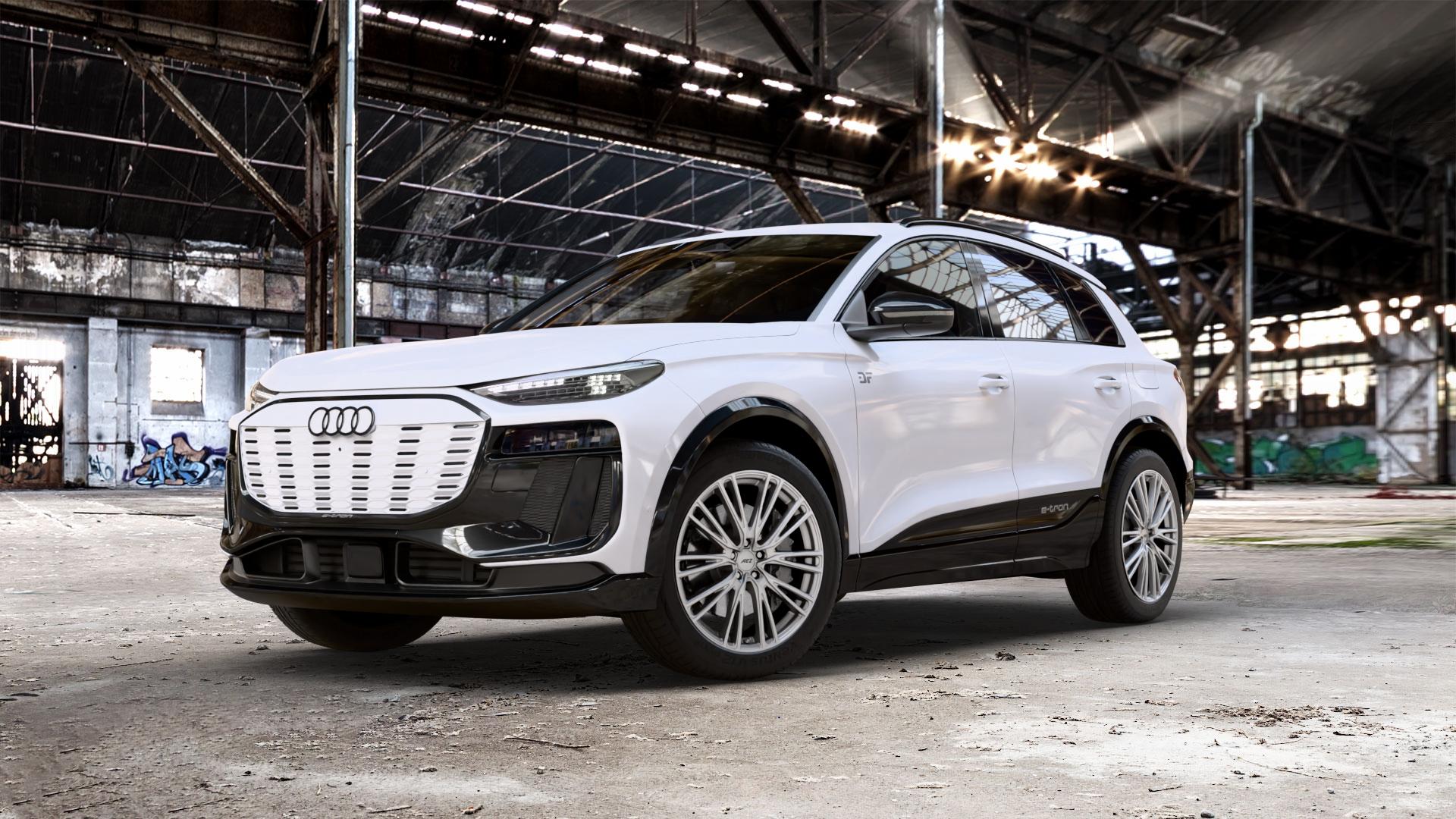 AEZ SEATTLE SILVER Felge mit Reifen silber in 20Zoll Winterfelge Alufelge auf weissem Audi Q6 Typ GF 0,0l 120kW 55 e-tron quattro (163 PS) SQ6 qutratto performance 100kW (136 ⬇️ mit 15mm Tieferlegung ⬇️ Old Industrial Hall_max_5300mm_2024 Frontansicht_1