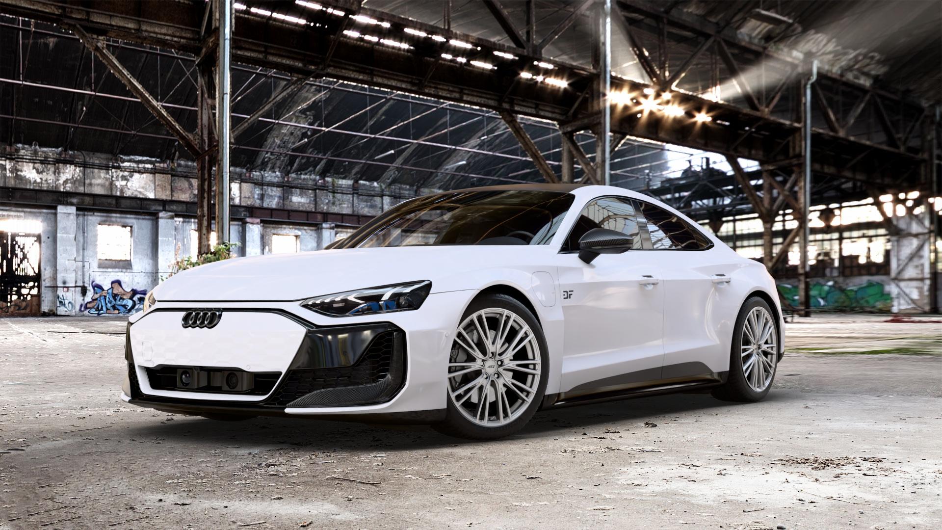 AEZ SEATTLE SILVER Felge mit Reifen silber in 20Zoll Winterfelge Alufelge auf weissem Audi RS E-Tron GT Performance Typ FW e-tron ⬇️ mit 15mm Tieferlegung ⬇️ Old Industrial Hall_max_5300mm_2024 Frontansicht_1