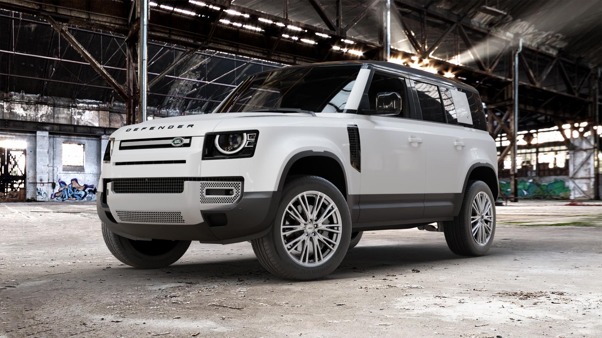 AEZ SEATTLE SILVER Felge mit Reifen silber in 20Zoll Winterfelge Alufelge auf weissem Land Rover Defender 110 Typ LE ⬇️ mit 15mm Tieferlegung ⬇️ Old Industrial Hall_max_5300mm_2024 Frontansicht_1