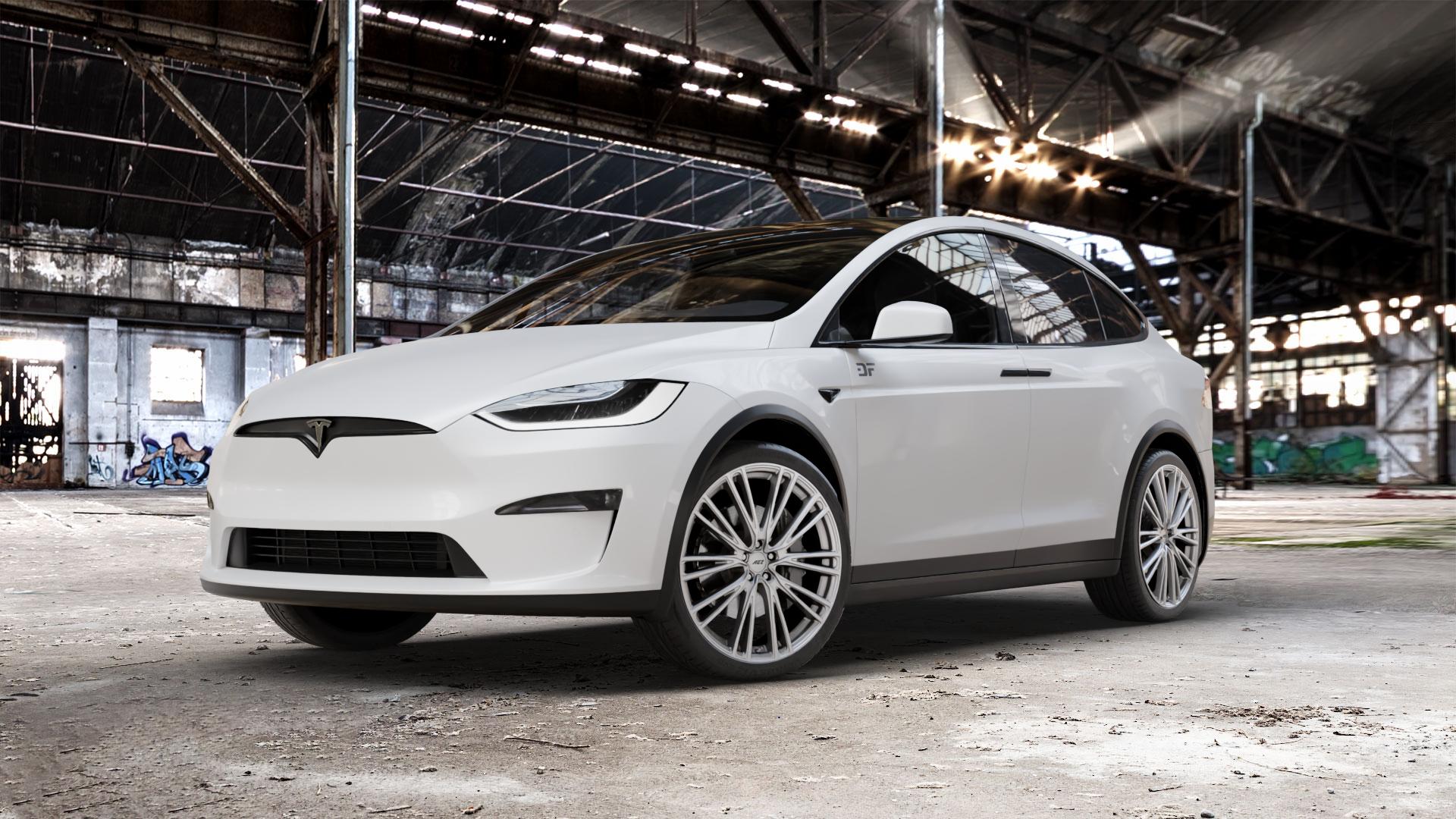 AEZ SEATTLE SILVER Felge mit Reifen silber in 22Zoll Winterfelge Alufelge auf weissem Tesla Model X Typ 004 ⬇️ mit 15mm Tieferlegung ⬇️ Old Industrial Hall_max_5300mm_2024 Frontansicht_1