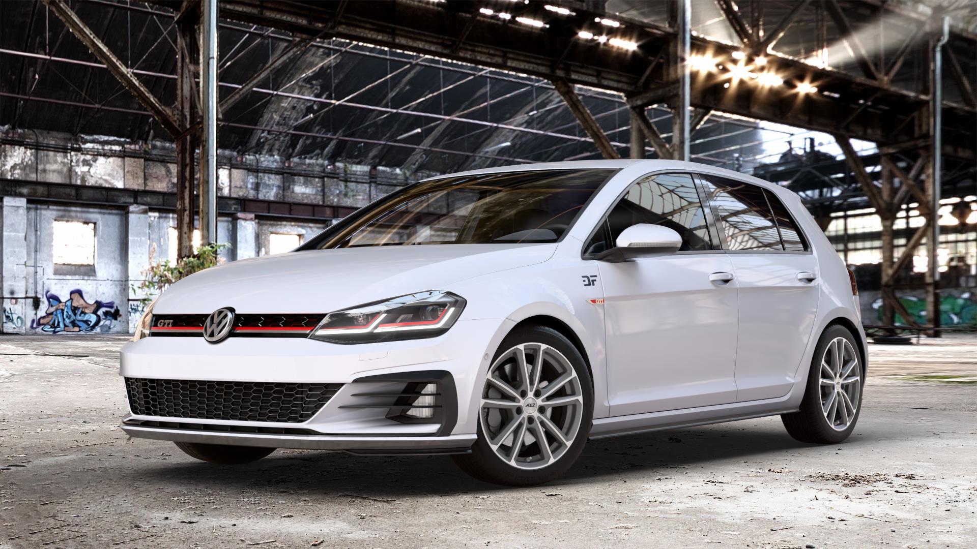AEZ TIOGA GRAPHITE MATT/POLISHED Felge mit Reifen grau mehrfarbig anthrazit in 17Zoll Winterfelge Alufelge auf weissem unilack Volkswagen (VW) Golf 7 Facelift 2,0l GTI Performance 180kW (245 PS) 169kW (230 ⬇️ mit 15mm Tieferlegung ⬇️ Old Industrial Hall_max_4400mm_2024 Frontansicht_1