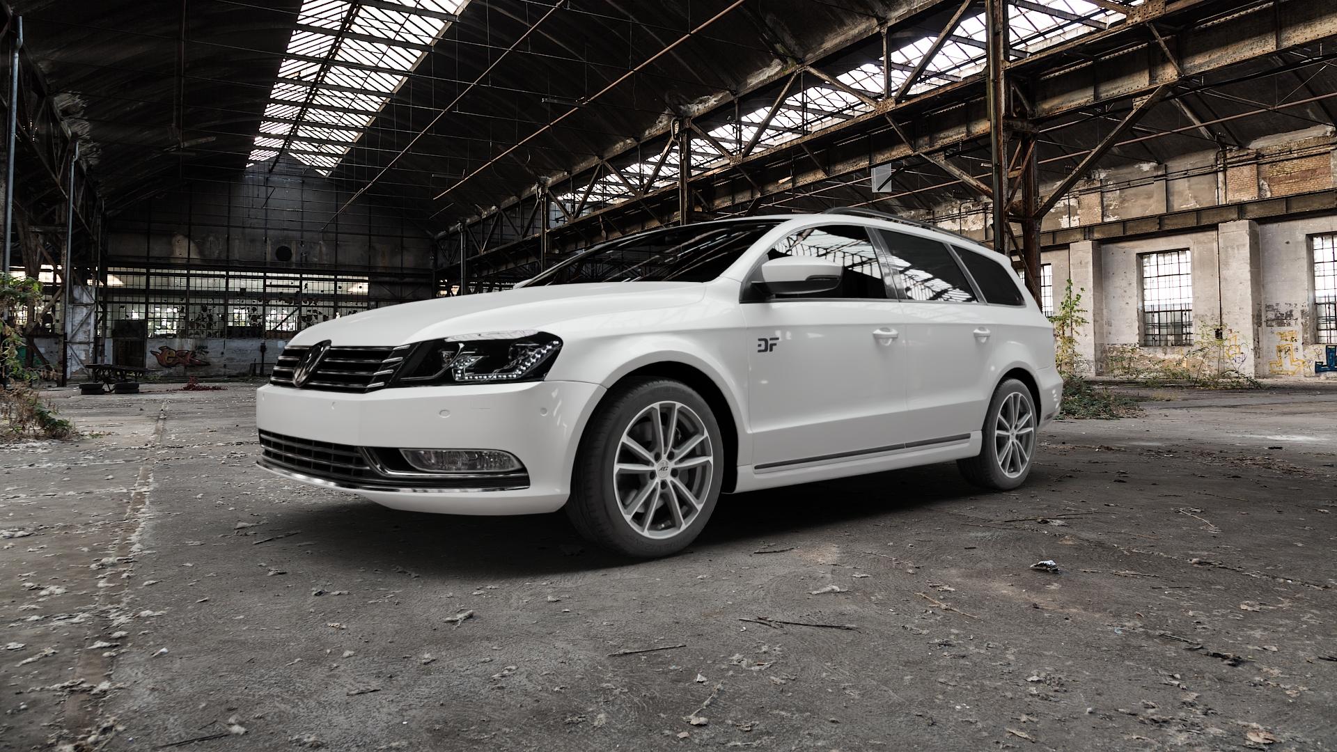 AEZ TIOGA GRAPHITE MATT/POLISHED Felge mit Reifen grau mehrfarbig anthrazit in 17Zoll Winterfelge Alufelge auf weissem Volkswagen (VW) Passat 3C/B7 Variant ⬇️ mit 15mm Tieferlegung ⬇️ Old Industrial Hall_max5000mm_2022 Frontansicht_1