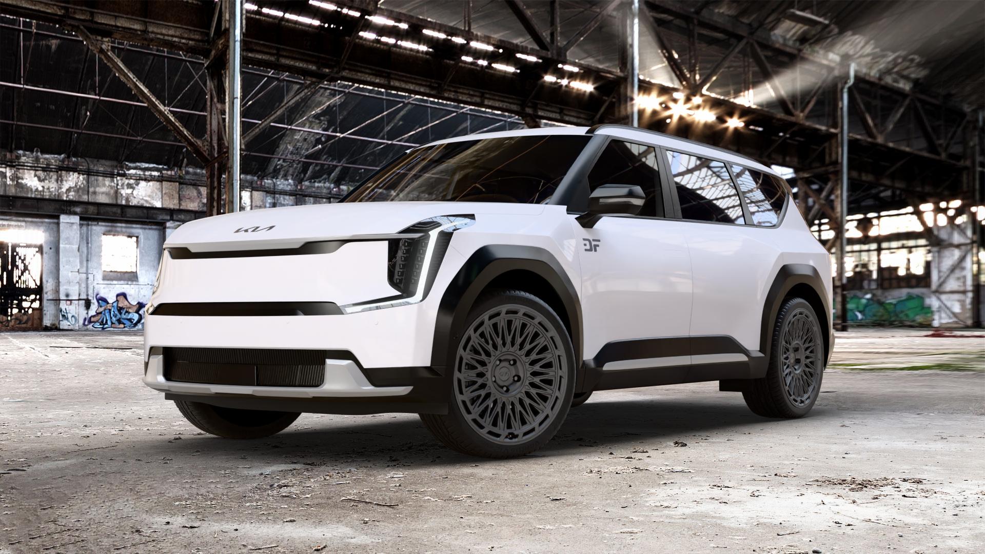 AEZ TOKIO BLACK MATT Felge mit Reifen schwarz in 23Zoll Winterfelge Alufelge auf weissem Kia EV9 Typ MV1 0,0l 100kW AWD (136 PS) 53kW (72 113kW GT Line (154 ⬇️ mit 15mm Tieferlegung ⬇️ Old Industrial Hall_max_5300mm_2024 Frontansicht_1