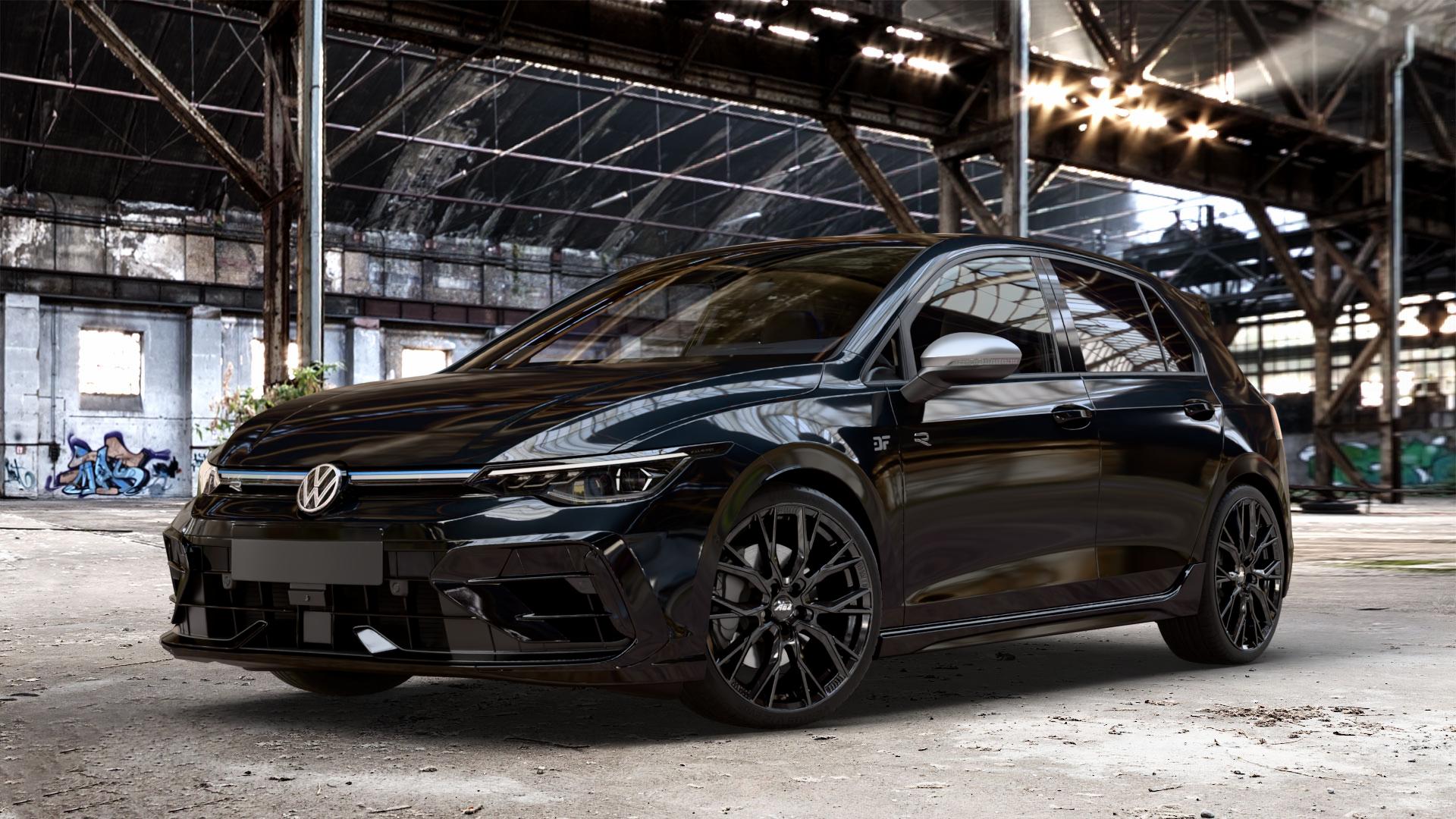 AEZ TORONTO BLACK Felge mit Reifen schwarz in 19Zoll Winterfelge Alufelge auf metallic schwarzem Volkswagen (VW) Golf 8 Facelift 2,0l R 4Motion 245kW (333 PS) ⬇️ mit 15mm Tieferlegung ⬇️ Old Industrial Hall_max_4400mm_2024 Frontansicht_1