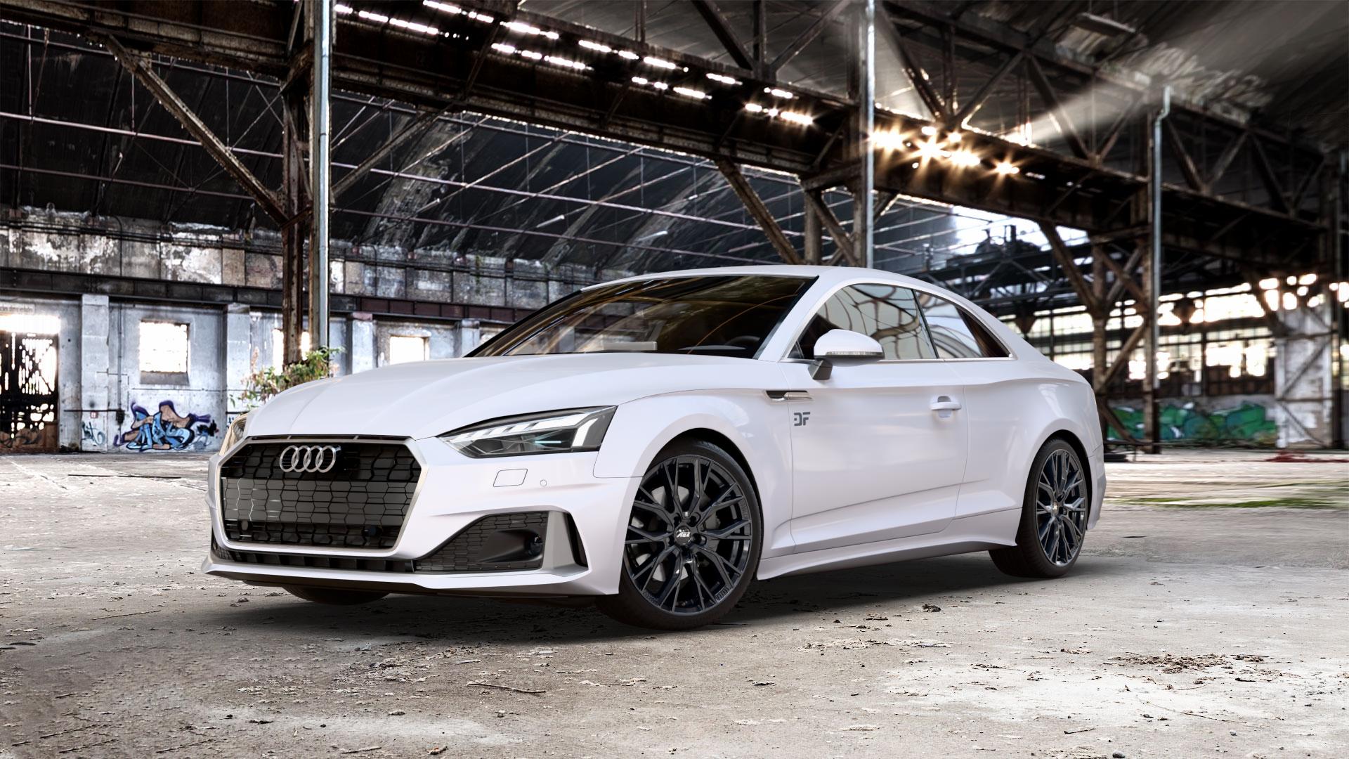 AEZ TORONTO BLACK Felge mit Reifen schwarz in 19Zoll Winterfelge Alufelge auf weißem Audi A5 Typ B9 (Coupé) Facelift ⬇️ mit 15mm Tieferlegung ⬇️ Old Industrial Hall_max_5300mm_2024 Frontansicht_1