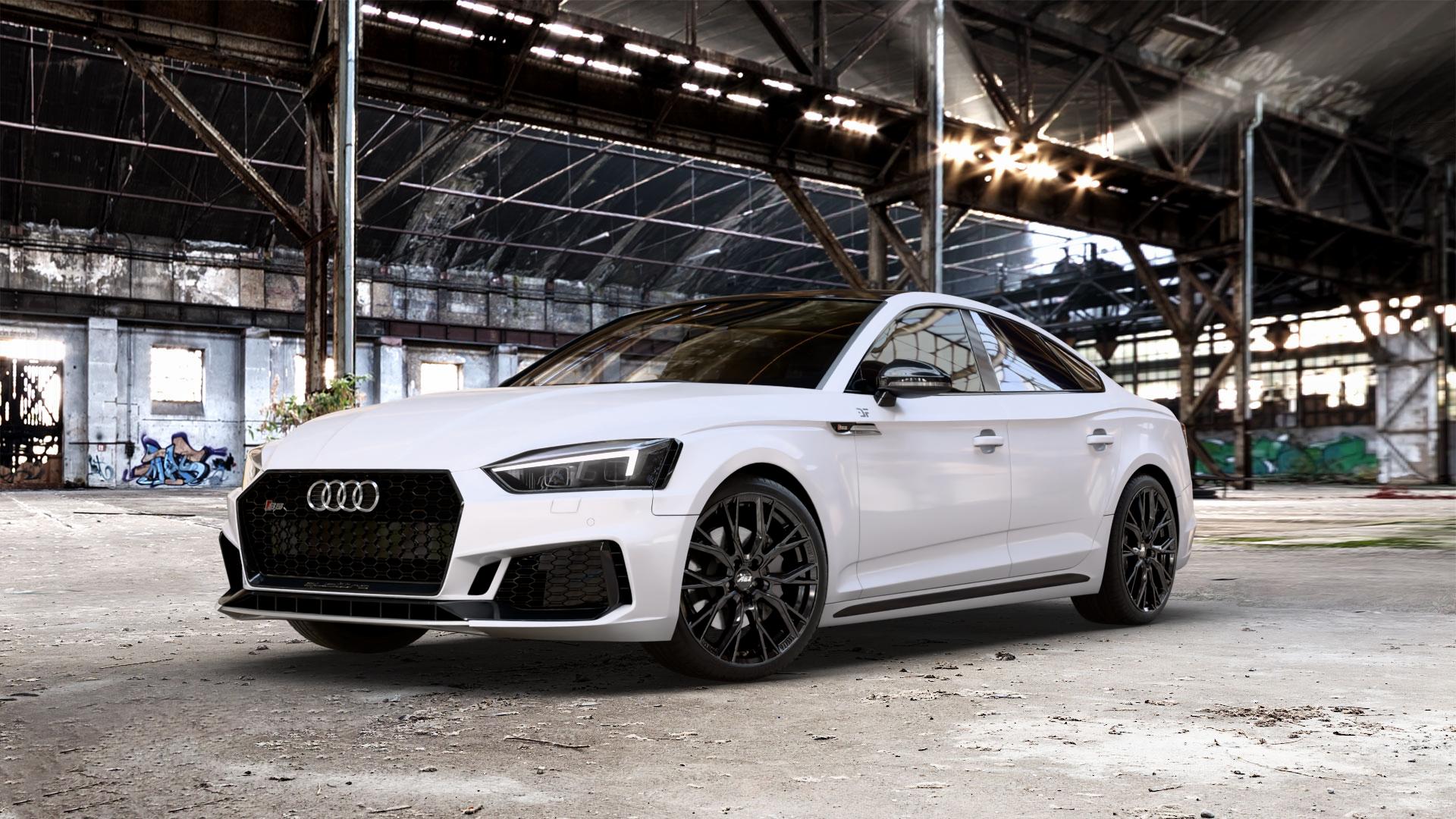 AEZ TORONTO BLACK Felge mit Reifen schwarz in 19Zoll Winterfelge Alufelge auf weissem Audi A5 Typ B9 (Sportback) 3,0l S5 TFSI quattro 260kW (354 PS) 2,9l RS5 331kW (450 TDI 255kW Mild-Hybrid (347 ⬇️ mit 15mm Tieferlegung ⬇️ Old Industrial Hall_max_5300mm_2024 Frontansicht_1