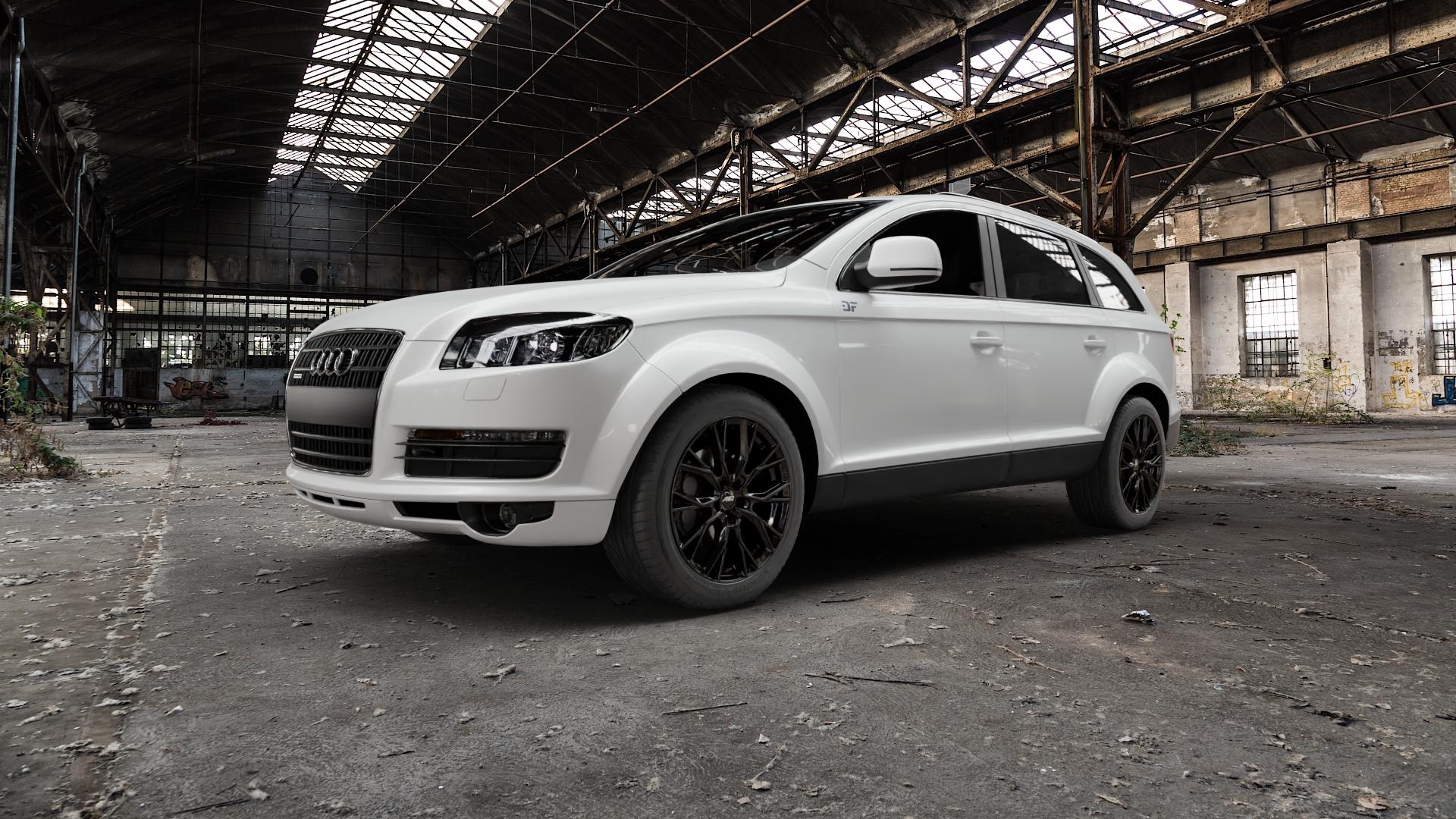 AEZ TORONTO BLACK Felge mit Reifen schwarz in 19Zoll Winterfelge Alufelge auf weissem Audi Q7 I Typ 4L ⬇️ mit 15mm Tieferlegung ⬇️ Old Industrial Hall_max5000mm_2022 Frontansicht_1