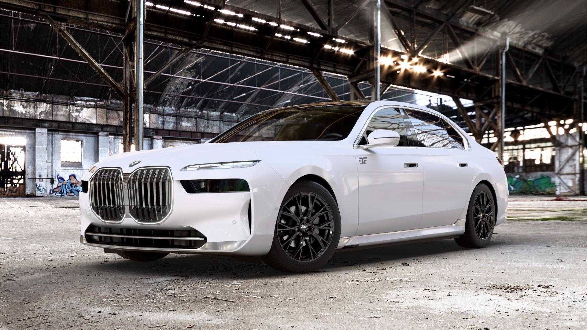 AEZ TORONTO BLACK Felge mit Reifen schwarz in 19Zoll Winterfelge Alufelge auf weissem BMW 7er G70 Limousine (G7L) ⬇️ mit 15mm Tieferlegung ⬇️ Old Industrial Hall_max_5300mm_2024 Frontansicht_1