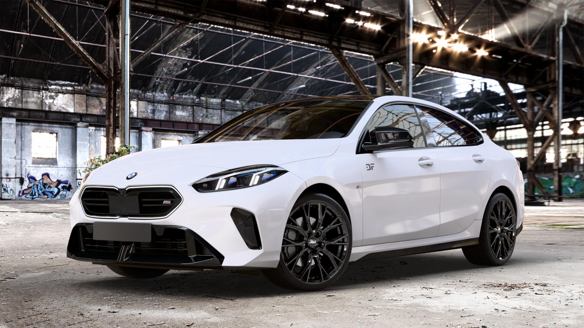 AEZ TORONTO BLACK Felge mit Reifen schwarz in 19Zoll Winterfelge Alufelge auf weissem BMW M235 xDrive Typ F74 (Gran Coupe) 2,0l 221kW (300 PS) 2er Gran Coupe (F7) ⬇️ mit 15mm Tieferlegung ⬇️ Old Industrial Hall_max_4400mm_2024 Frontansicht_1