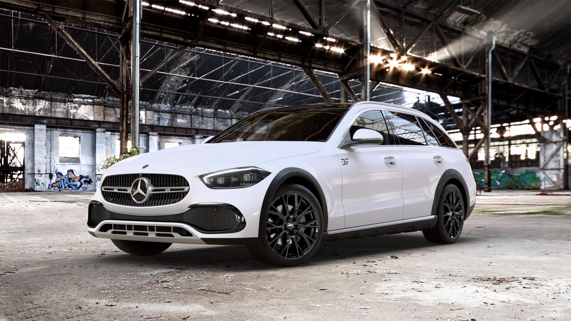 AEZ TORONTO BLACK Felge mit Reifen schwarz in 19Zoll Winterfelge Alufelge auf weissem Mercedes C-Klasse Typ S206 All-Terrain 1,5l C 200 4Matic 150kW Mild-Hybrid (204 PS) 2,0l 220d 145kW (197 ⬇️ mit 15mm Tieferlegung ⬇️ Old Industrial Hall_max_5300mm_2024 Frontansicht_1