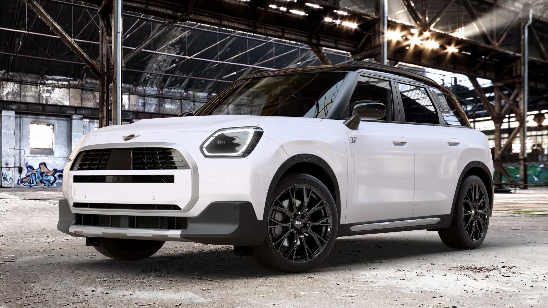 AEZ TORONTO BLACK Felge mit Reifen schwarz in 19Zoll Winterfelge Alufelge auf weissem Mini U25 Typ UMX (Countryman) 1,5l C 100kW Mild-Hybrid (136 PS) 115kW (156 2,0l JCW ALL4 221kW (300 D 110kW (150 0,0l E 68kW (92 S 150kW (204 SE 104kW (141 ⬇️ mit 15mm Tieferlegung ⬇️ Old Industrial Hall_max_4400mm_2024 Frontansicht_1