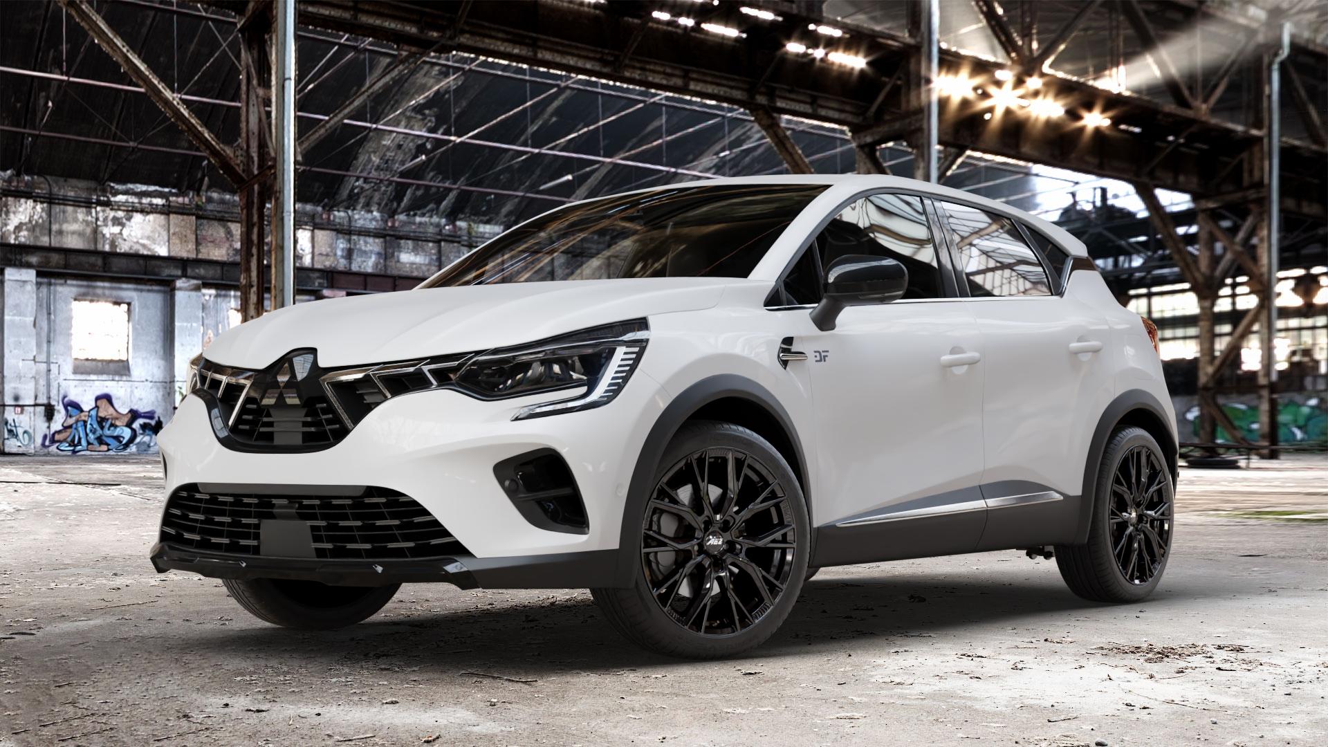 AEZ TORONTO BLACK Felge mit Reifen schwarz in 19Zoll Winterfelge Alufelge auf weissem Mitsubishi ASX Typ RJB ⬇️ mit 15mm Tieferlegung ⬇️ Old Industrial Hall_max_4400mm_2024 Frontansicht_1