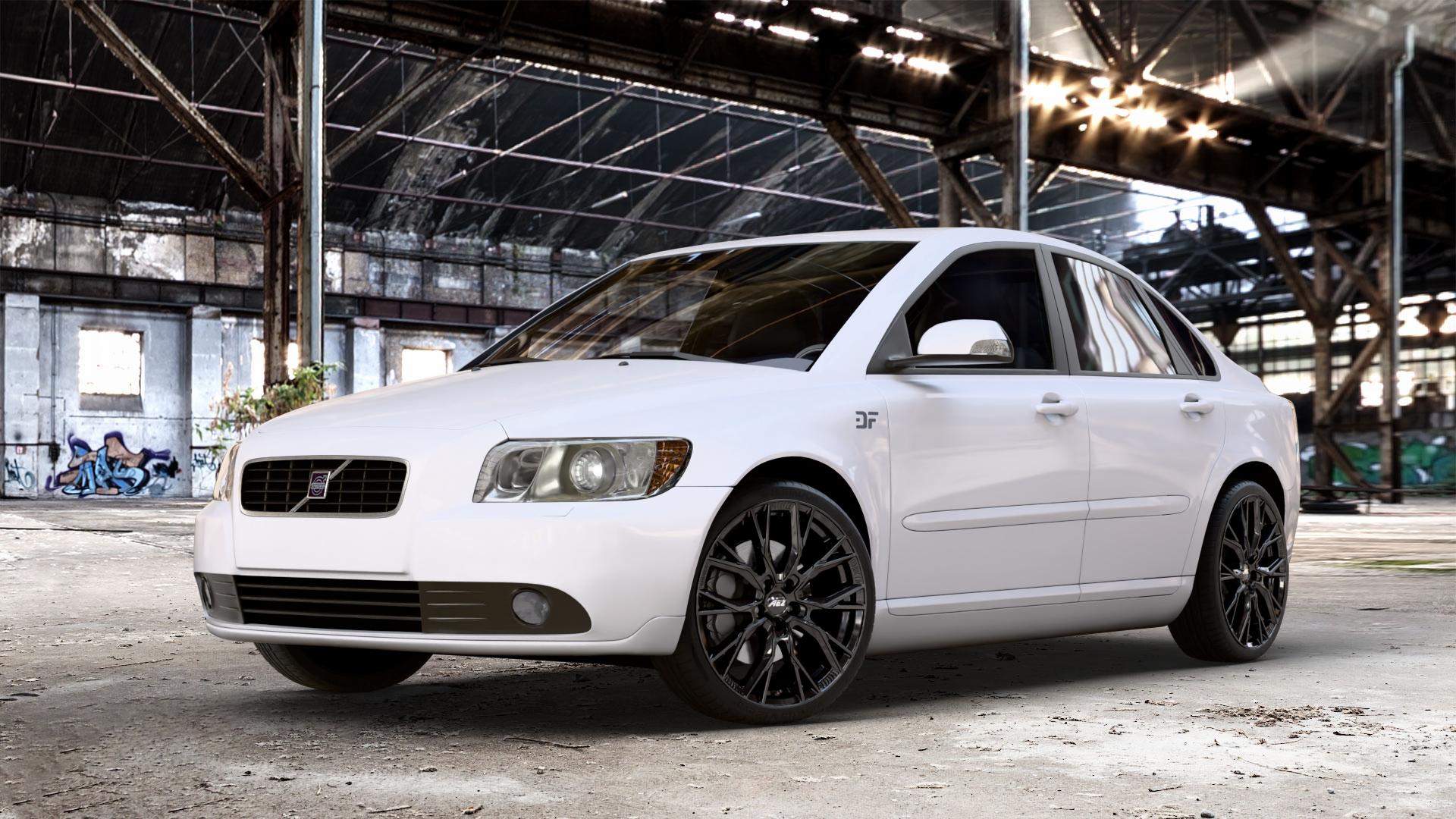 AEZ TORONTO BLACK Felge mit Reifen schwarz in 19Zoll Winterfelge Alufelge auf weissem Volvo S40 II Typ M ⬇️ mit 15mm Tieferlegung ⬇️ Old Industrial Hall_max_4400mm_2024 Frontansicht_1