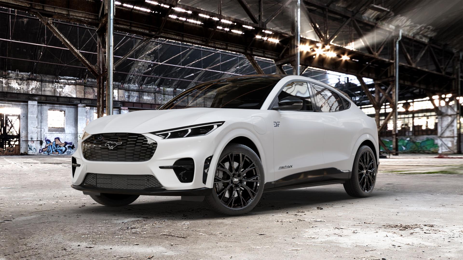 AEZ TORONTO BLACK Felge mit Reifen schwarz in 20Zoll Winterfelge Alufelge auf weissem Ford Mustang Mach-E Typ LSK ⬇️ mit 15mm Tieferlegung ⬇️ Old Industrial Hall_max_5300mm_2024 Frontansicht_1