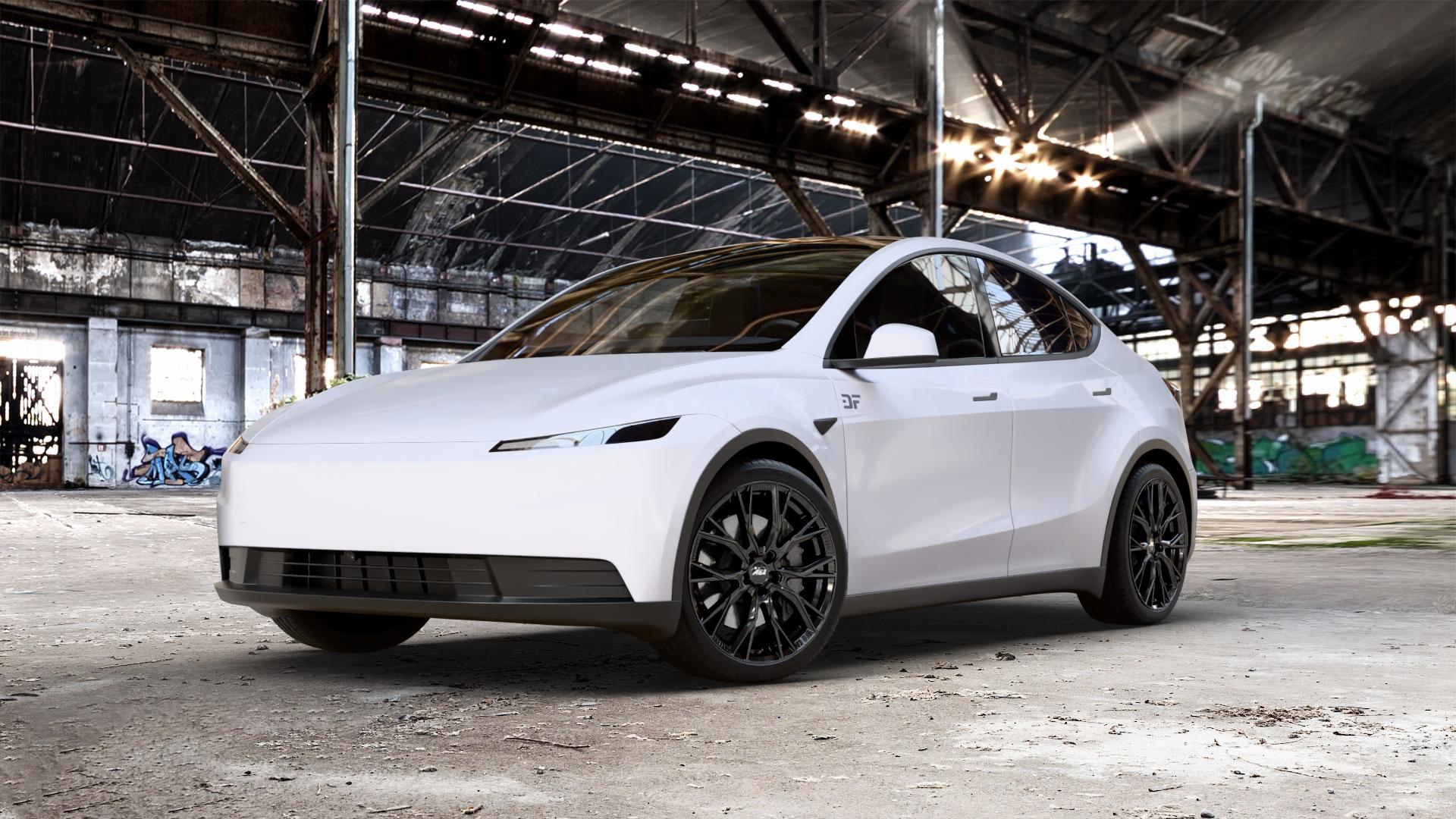 AEZ TORONTO BLACK Felge mit Reifen schwarz in 20Zoll Winterfelge Alufelge auf weissem Tesla Model Y Typ 003 0,0l Standard Range 114kW 2WD (155 PS) ⬇️ mit 15mm Tieferlegung ⬇️ Old Industrial Hall_max_5300mm_2024 Frontansicht_1