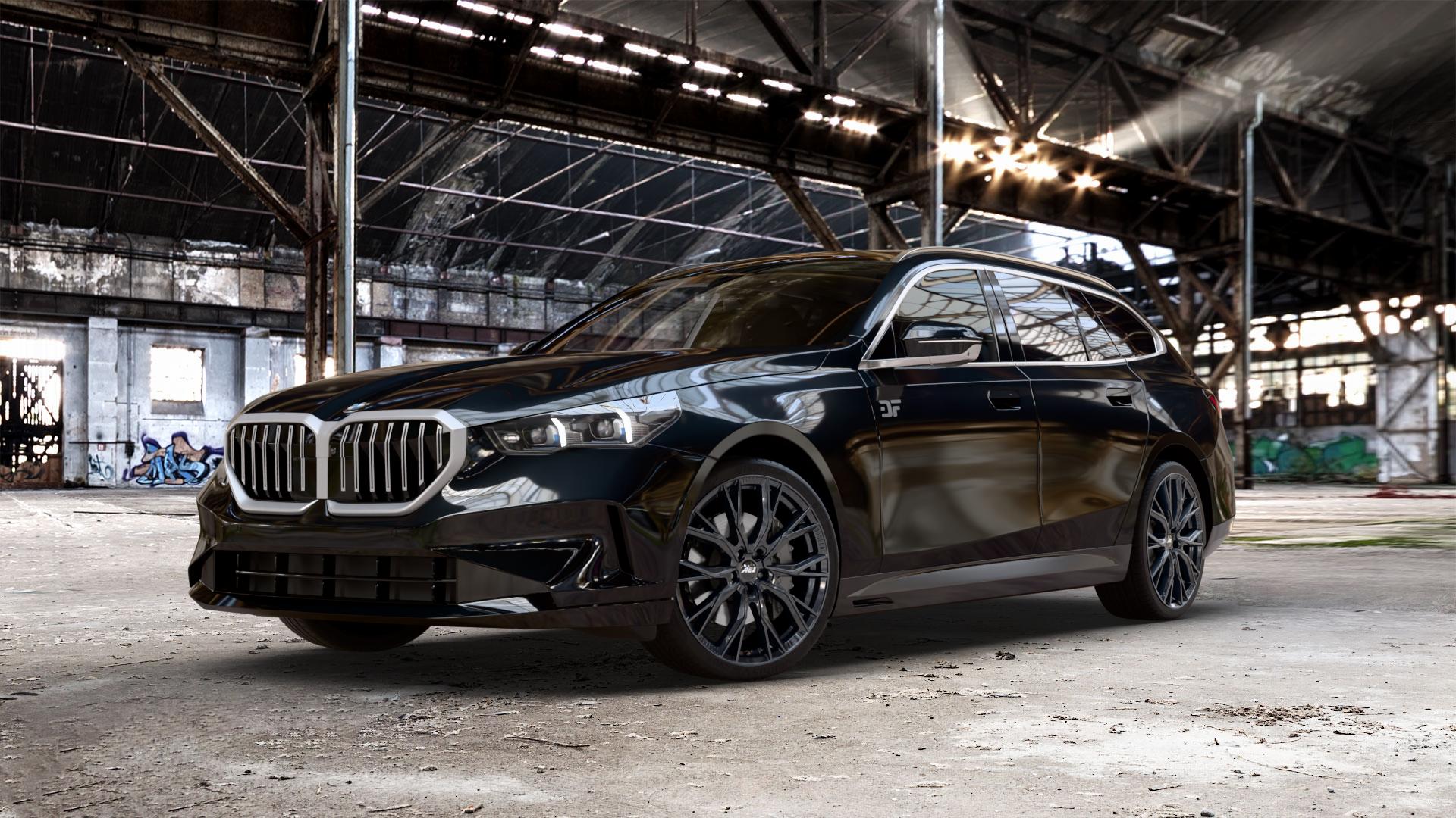 AEZ TORONTO BLACK Felge mit Reifen schwarz in 21Zoll Winterfelge Alufelge auf schwarzem metallic BMW 520d Typ G61 (Touring) xDrive 5er Touring (G6K) ⬇️ mit 15mm Tieferlegung ⬇️ Old Industrial Hall_max_5300mm_2024 Frontansicht_1