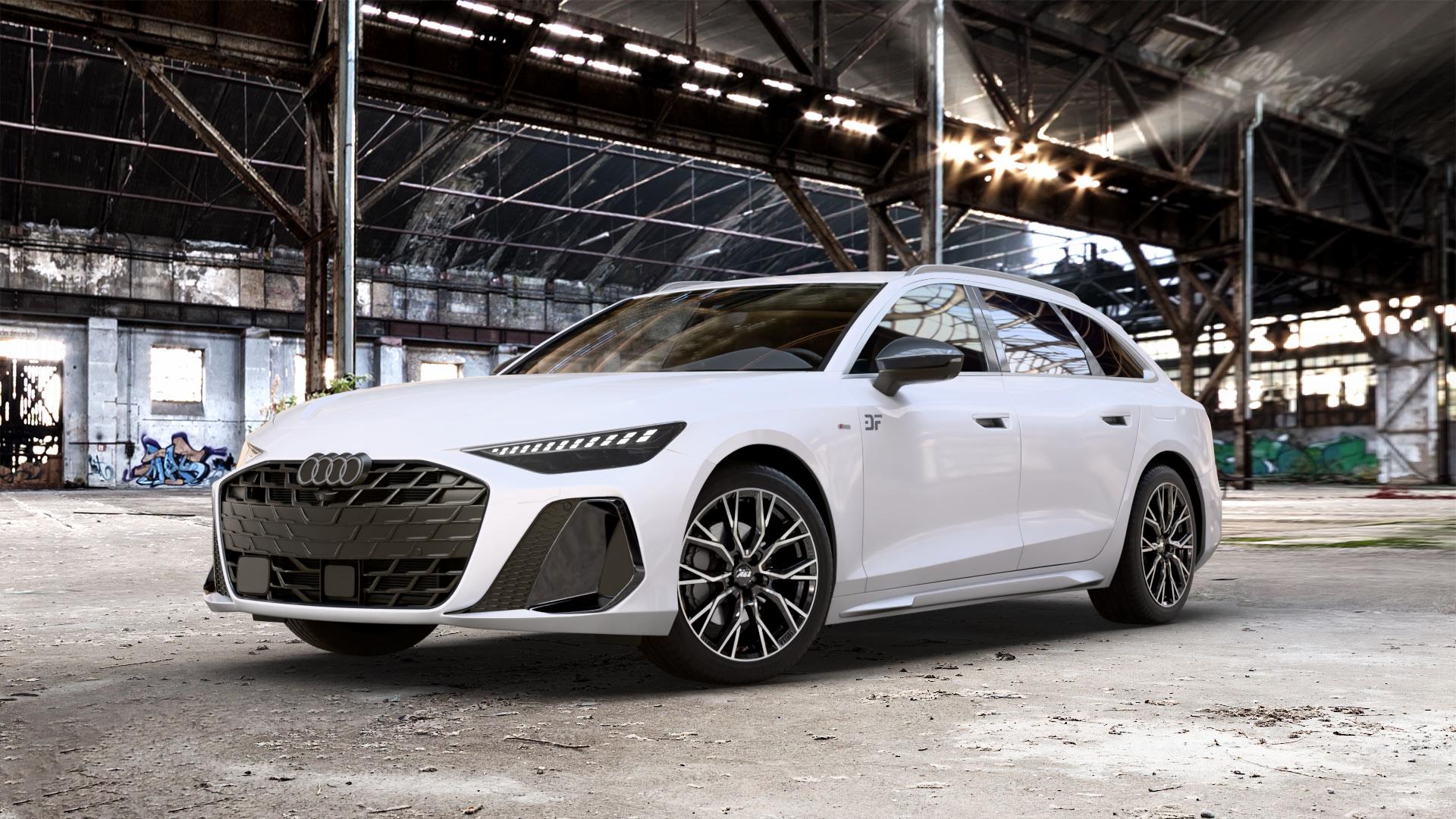 AEZ TORONTO BLACK/POLISHED Felge mit Reifen silber schwarz in 19Zoll Winterfelge Alufelge auf metallic schwarzem Audi A6 Typ F2/C9 (Avant) ⬇️ mit 15mm Tieferlegung ⬇️ Old Industrial Hall_max_5300mm_2024 Frontansicht_1
