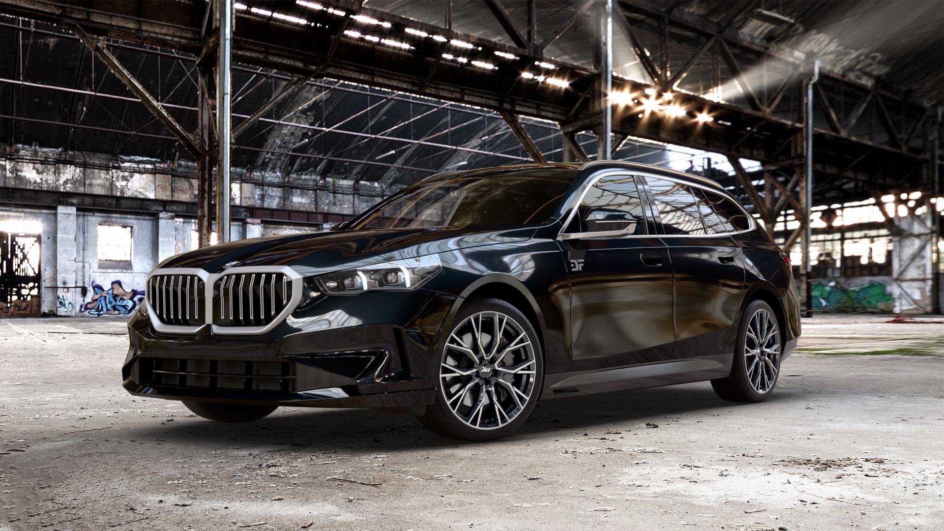AEZ TORONTO BLACK/POLISHED Felge mit Reifen silber schwarz in 20Zoll Winterfelge Alufelge auf schwarzem metallic BMW 520d Typ G61 (Touring) xDrive 5er Touring (G6K) ⬇️ mit 15mm Tieferlegung ⬇️ Old Industrial Hall_max_5300mm_2024 Frontansicht_1