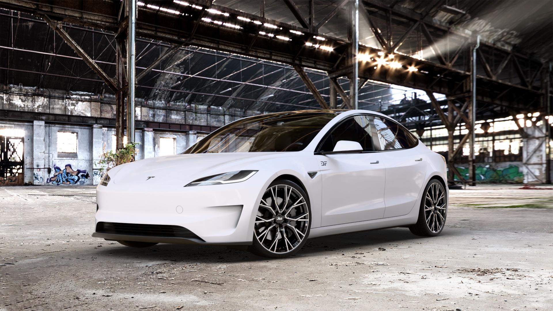 AEZ TORONTO BLACK/POLISHED Felge mit Reifen silber schwarz in 20Zoll Winterfelge Alufelge auf weissem Tesla Model 3 Typ 003 Facelift Highland 0,0l Performance 190kW 4WD (258 PS) ⬇️ mit 15mm Tieferlegung ⬇️ Old Industrial Hall_max_5300mm_2024 Frontansicht_1