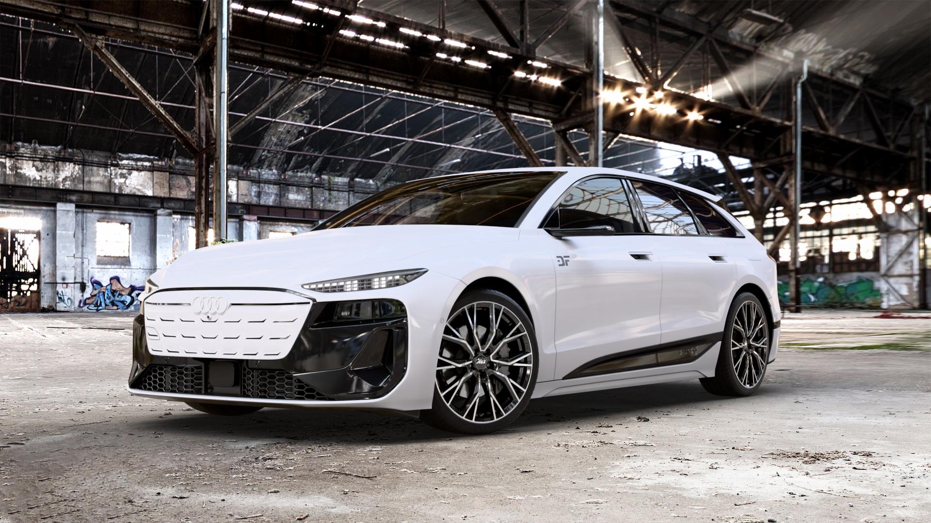 AEZ TORONTO BLACK/POLISHED Felge mit Reifen silber schwarz in 21Zoll Winterfelge Alufelge auf weissem Audi A6 e-tron Typ GH (Avant) 0,0l Performance 120kW (163 PS) S6 138kW (188 100kW (136 quattro ⬇️ mit 15mm Tieferlegung ⬇️ Old Industrial Hall_max_5300mm_2024 Frontansicht_1