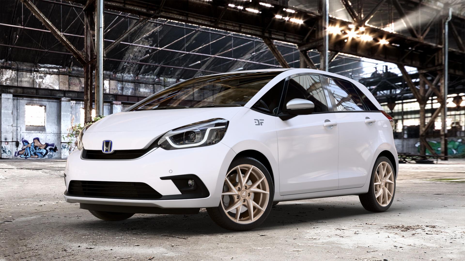 ALUTEC ADX.01 metallic-bronze frontpoliert Felge mit Reifen silber in 17Zoll Winterfelge Alufelge auf weissem Honda Jazz V (GR) ⬇️ mit 15mm Tieferlegung ⬇️ Old Industrial Hall_max_4400mm_2024 Frontansicht_1