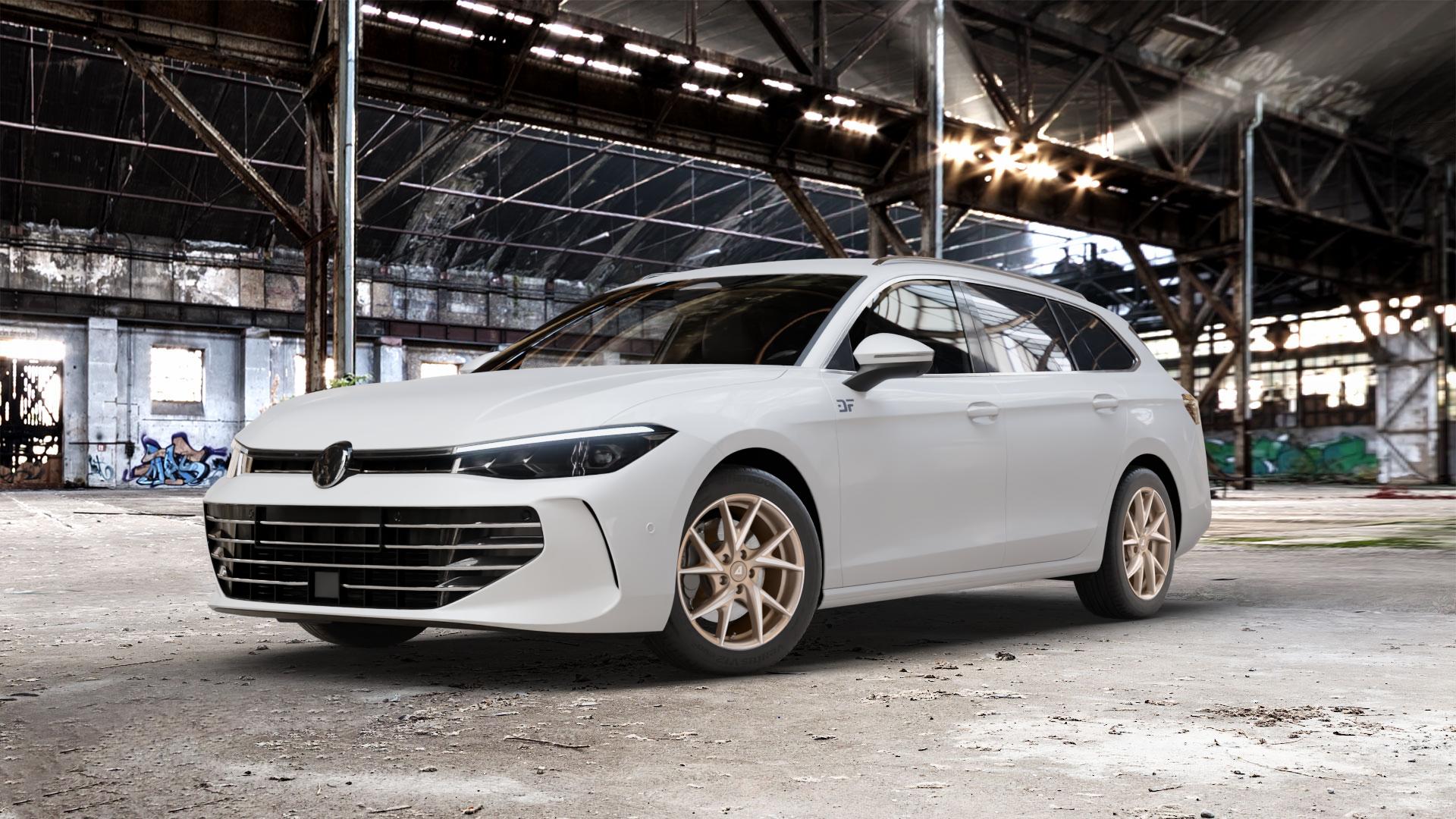 ALUTEC ADX.01 metallic-bronze frontpoliert Felge mit Reifen silber in 17Zoll Winterfelge Alufelge auf weissem Volkswagen (VW) Passat CJ/B9 Variant ⬇️ mit 15mm Tieferlegung ⬇️ Old Industrial Hall_max_5300mm_2024 Frontansicht_1