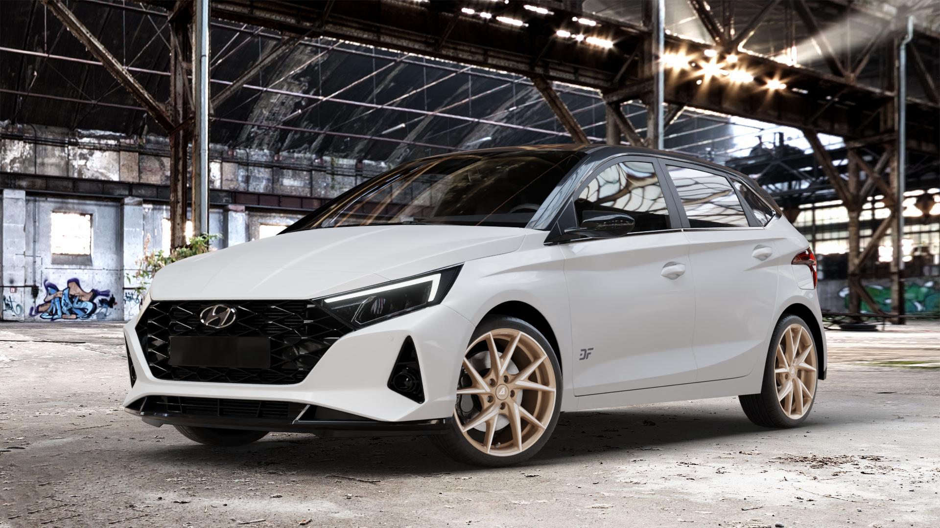ALUTEC ADX.01 metallic-bronze frontpoliert Felge mit Reifen silber in 18Zoll Winterfelge Alufelge auf weissem Hyundai i20 Typ BC3 ⬇️ mit 15mm Tieferlegung ⬇️ Old Industrial Hall_max_4400mm_2024 Frontansicht_1