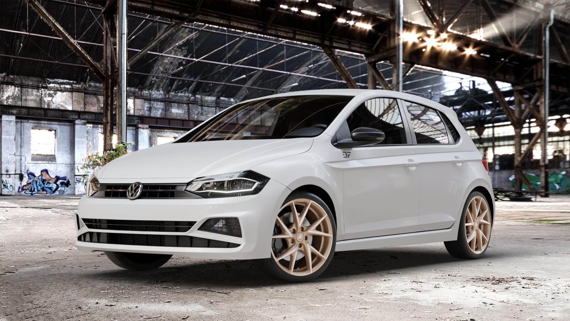 ALUTEC ADX.01 metallic-bronze frontpoliert Felge mit Reifen silber in 18Zoll Winterfelge Alufelge auf weissem Volkswagen (VW) Polo VI Typ AW ⬇️ mit 15mm Tieferlegung ⬇️ Old Industrial Hall_max_4400mm_2024 Frontansicht_1