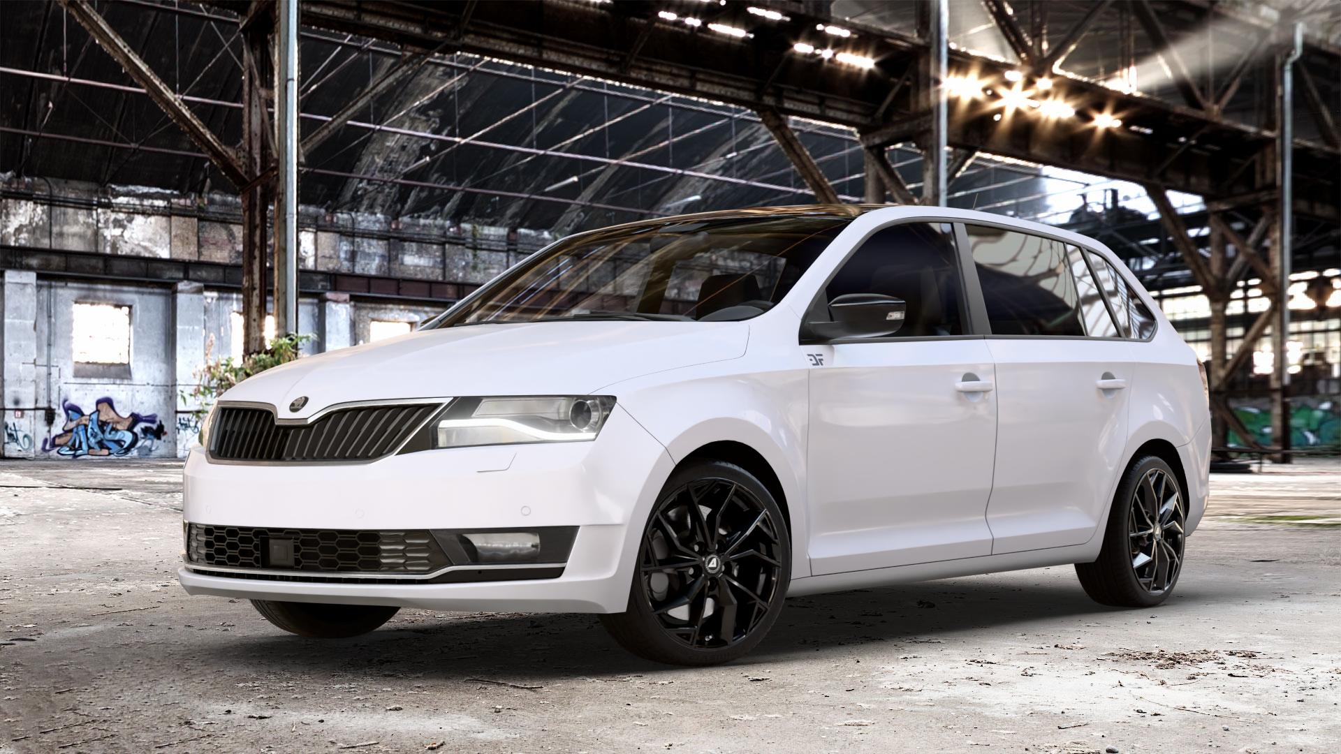 ALUTEC ADX.02 diamant-schwarz Felge mit Reifen in 17Zoll Winterfelge Alufelge auf weissem Skoda Rapid Spaceback Typ NH Facelift ⬇️ mit 15mm Tieferlegung ⬇️ Old Industrial Hall_max_4400mm_2024 Frontansicht_1