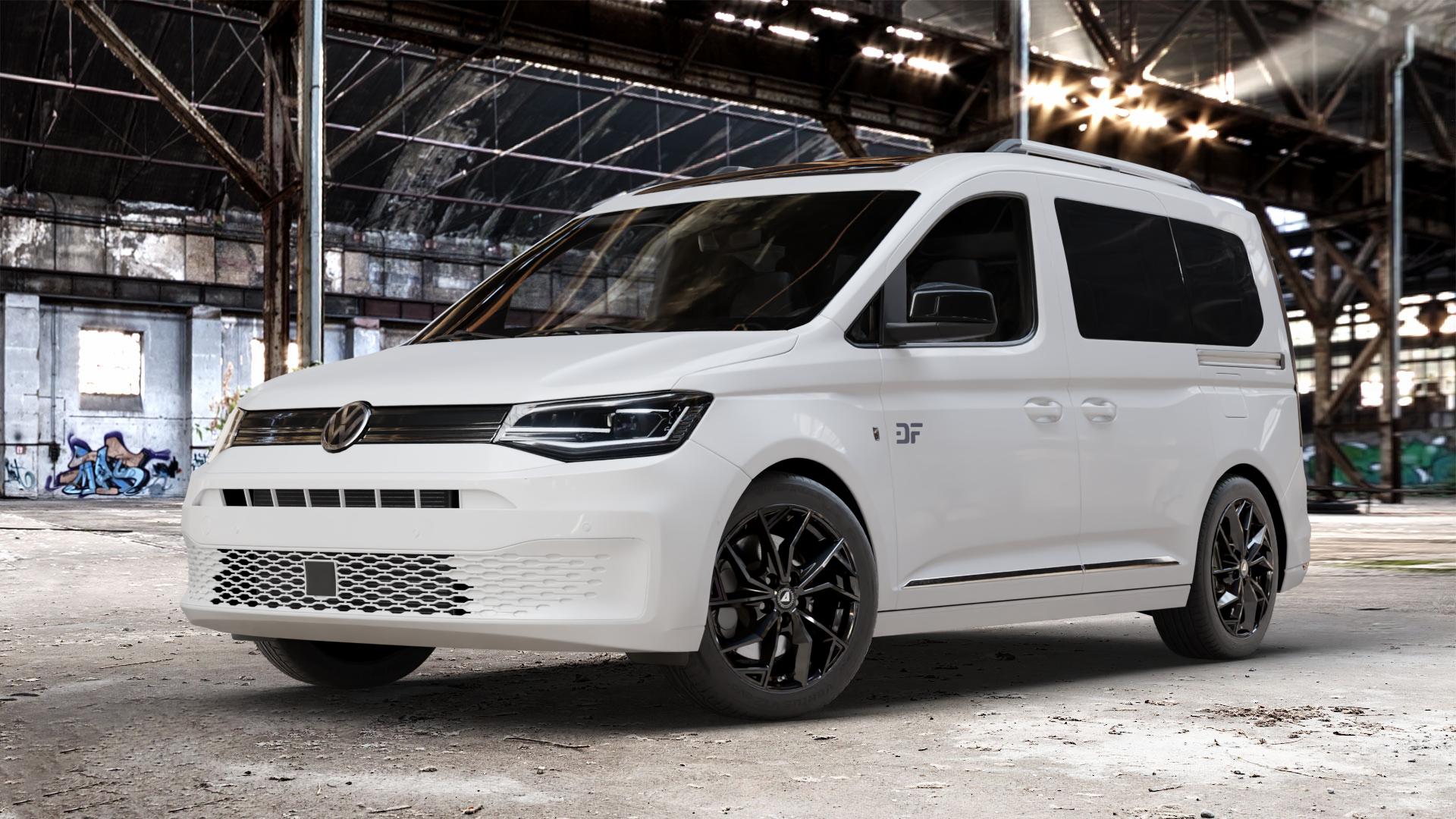 ALUTEC ADX.02 diamant-schwarz Felge mit Reifen in 17Zoll Winterfelge Alufelge auf weissem Volkswagen (VW) Caddy 5 Typ SK SKN Transporter Wohnmobil ⬇️ mit 15mm Tieferlegung ⬇️ Old Industrial Hall_max_4400mm_2024 Frontansicht_1