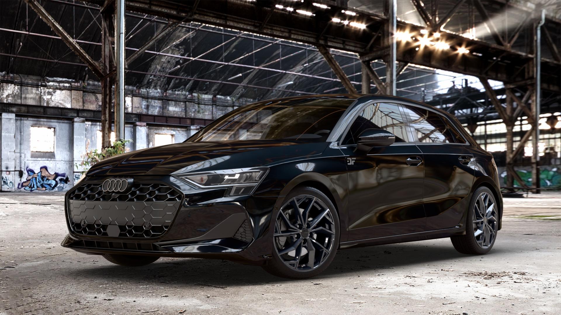 ALUTEC ADX.02 diamant-schwarz Felge mit Reifen in 18Zoll Winterfelge Alufelge auf metallic schwarzem Audi A3 Typ GY (Sportback) Facelift 2,0l 30 TDI 85kW (116 PS) 1,5l TFSI Mild-Hybrid 35 110kW (150 PHEV 200 130kW Hybrid (177 150 ⬇️ mit 15mm Tieferlegung ⬇️ Old Industrial Hall_max_4400mm_2024 Frontansicht_1