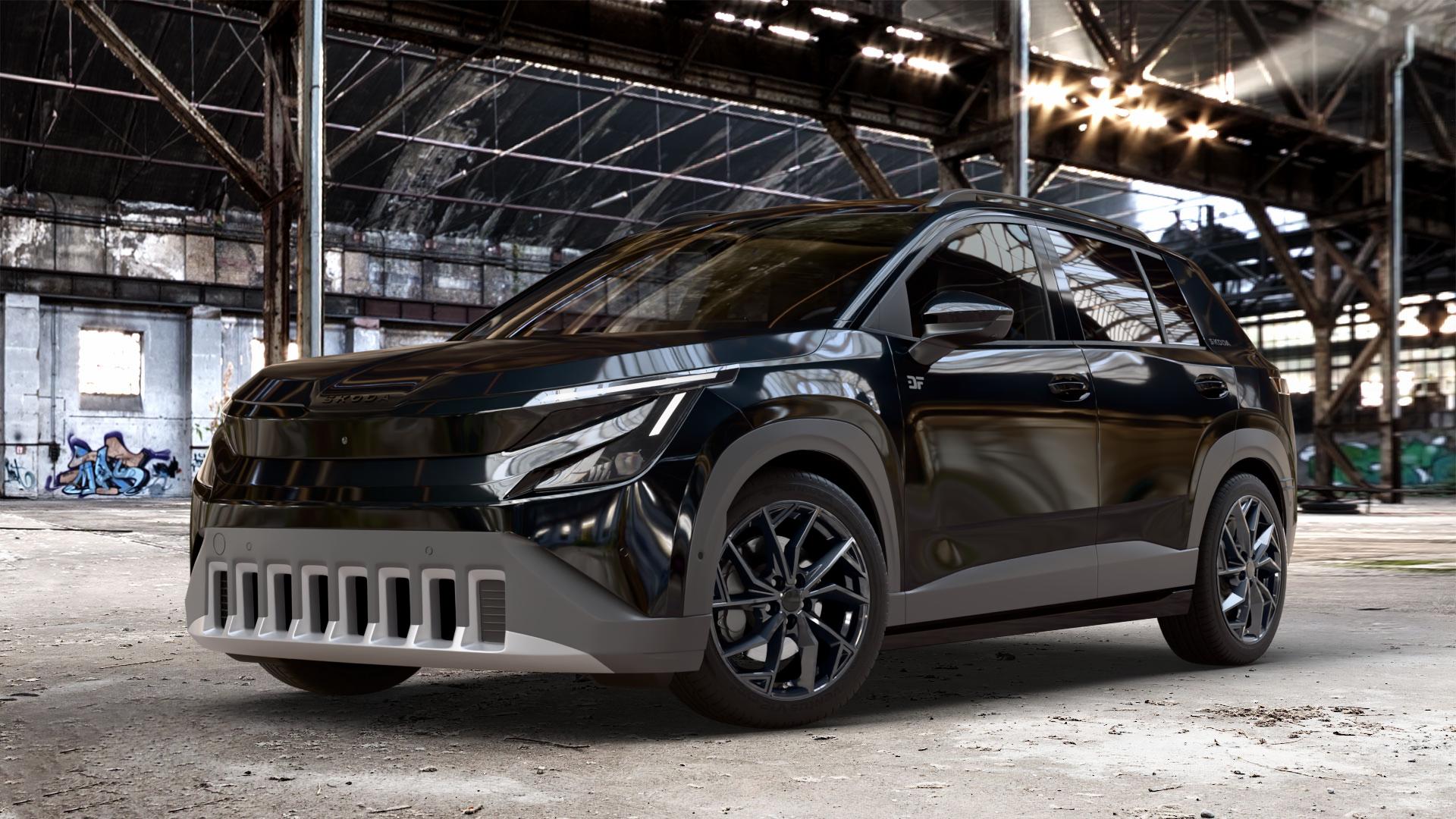 ALUTEC ADX.02 diamant-schwarz Felge mit Reifen in 18Zoll Winterfelge Alufelge auf metallic schwarzem Skoda Epiq Typ PX ⬇️ mit 15mm Tieferlegung ⬇️ Old Industrial Hall_max_4400mm_2024 Frontansicht_1