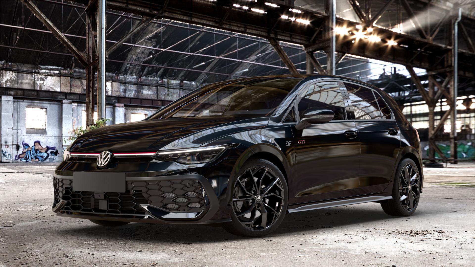 ALUTEC ADX.02 diamant-schwarz Felge mit Reifen in 18Zoll Winterfelge Alufelge auf metallic schwarzem Volkswagen (VW) Golf 8 Facelift 2,0l GTI 195kW (265 PS) ⬇️ mit 15mm Tieferlegung ⬇️ Old Industrial Hall_max_4400mm_2024 Frontansicht_1
