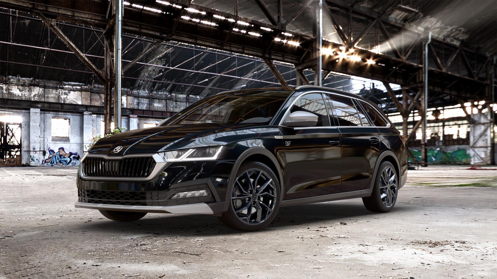 ALUTEC ADX.02 diamant-schwarz Felge mit Reifen in 18Zoll Winterfelge Alufelge auf schwarzem metallic Skoda Octavia IV Scout Typ NX ⬇️ mit 15mm Tieferlegung ⬇️ Old Industrial Hall_max_5300mm_2024 Frontansicht_1
