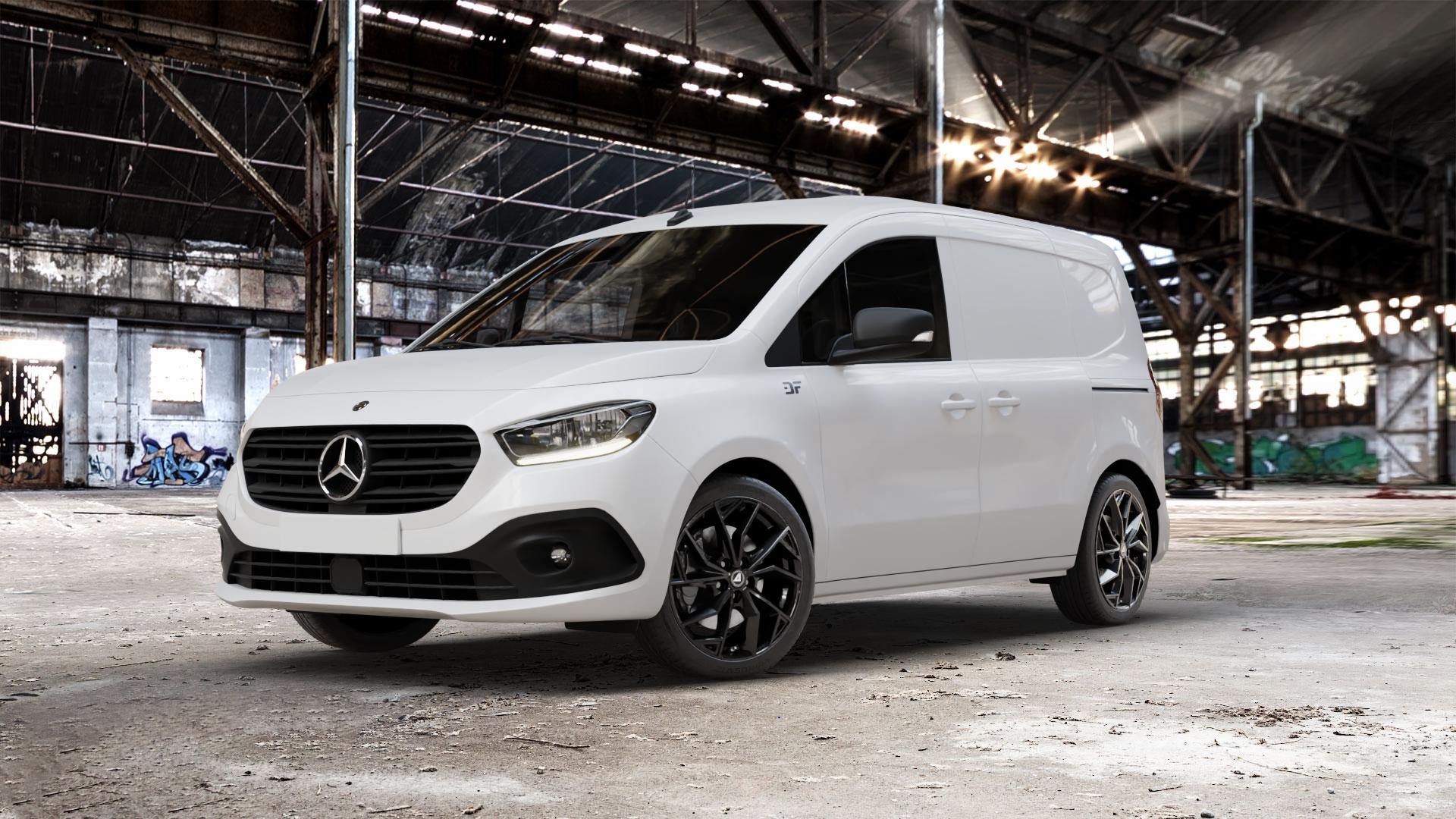 ALUTEC ADX.02 diamant-schwarz Felge mit Reifen in 18Zoll Winterfelge Alufelge auf weissem Mercedes Citan Kasten Typ W420 ⬇️ mit 15mm Tieferlegung ⬇️ Old Industrial Hall_max_5300mm_2024 Frontansicht_1