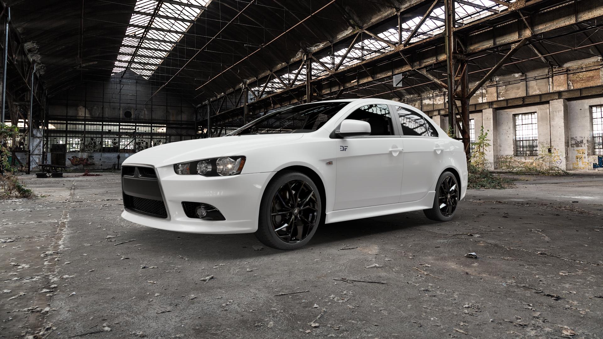 ALUTEC ADX.02 diamant-schwarz Felge mit Reifen in 18Zoll Winterfelge Alufelge auf weissem Mitsubishi Lancer Typ CYO Stufenheck Sportback ⬇️ mit 15mm Tieferlegung ⬇️ Old Industrial Hall_max5000mm_2022 Frontansicht_1