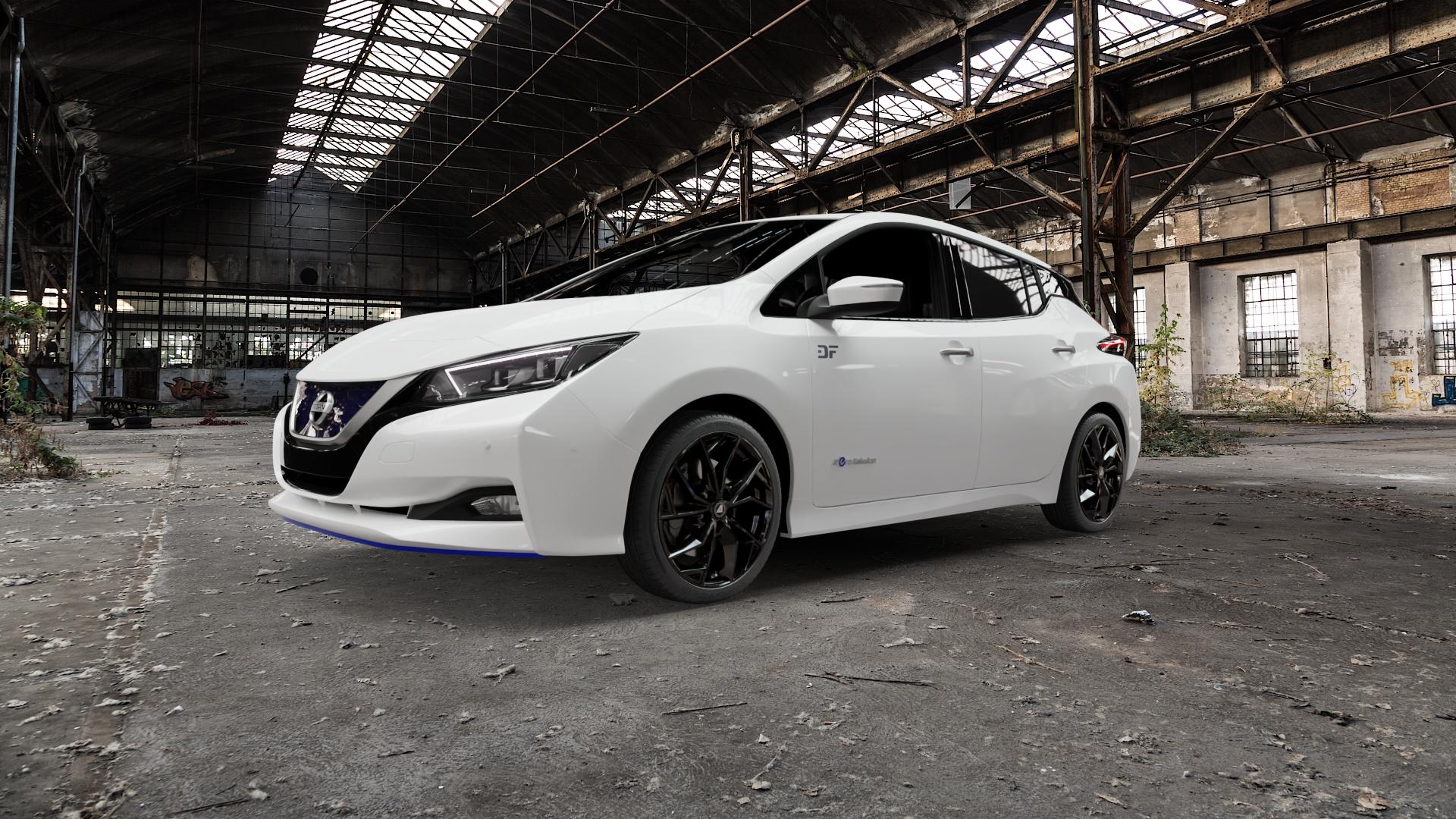 ALUTEC ADX.02 diamant-schwarz Felge mit Reifen in 18Zoll Winterfelge Alufelge auf weissem Nissan Leaf Typ ZE1 ⬇️ mit 15mm Tieferlegung ⬇️ Old Industrial Hall_max5000mm_2022 Frontansicht_1
