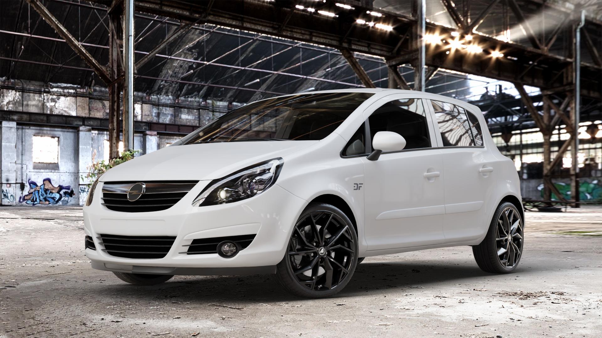 ALUTEC ADX.02 diamant-schwarz Felge mit Reifen in 18Zoll Winterfelge Alufelge auf weissem Opel Corsa D Typ S-D ⬇️ mit 15mm Tieferlegung ⬇️ Old Industrial Hall_max_4400mm_2024 Frontansicht_1