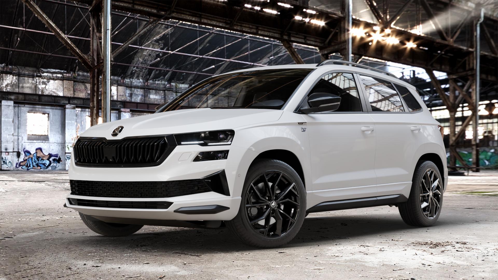ALUTEC ADX.02 diamant-schwarz Felge mit Reifen in 18Zoll Winterfelge Alufelge auf weissem Skoda Karoq Typ NU Facelift ⬇️ mit 15mm Tieferlegung ⬇️ Old Industrial Hall_max_4400mm_2024 Frontansicht_1