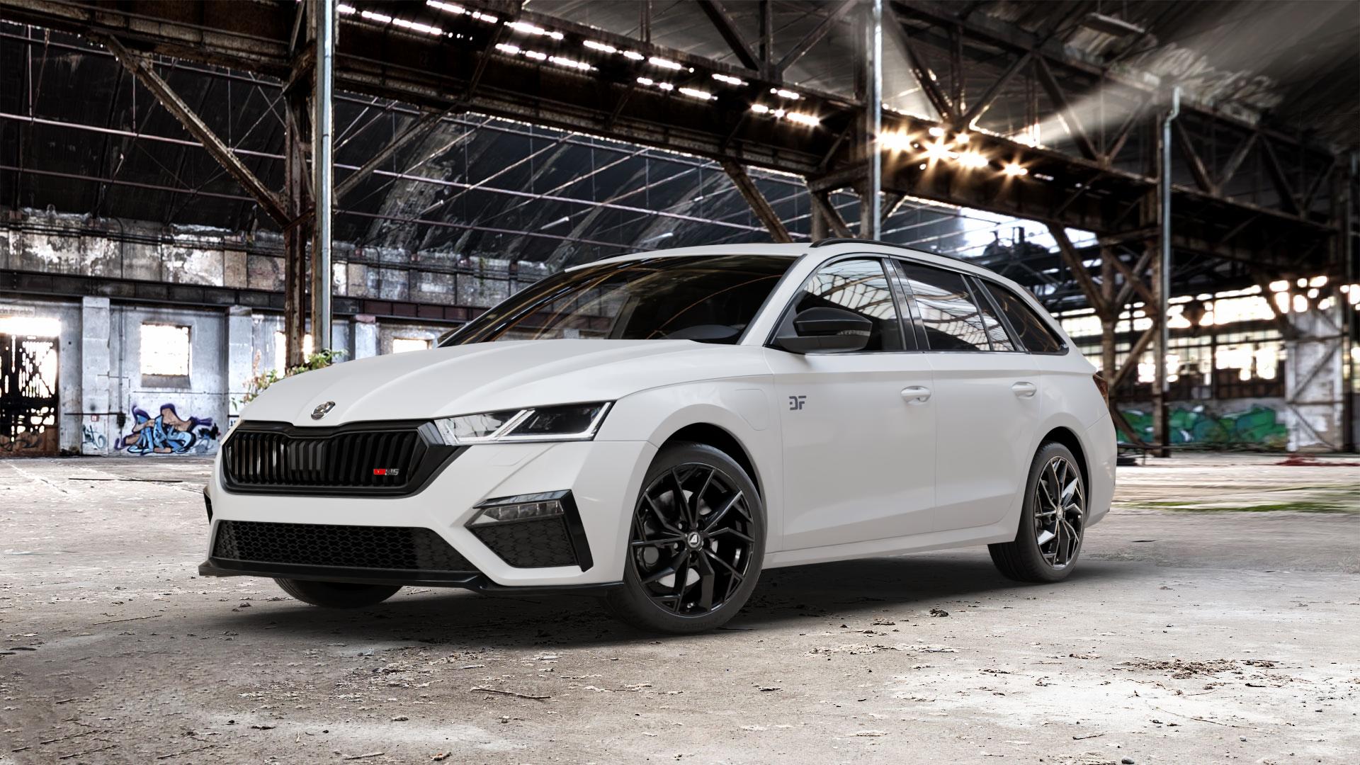 ALUTEC ADX.02 diamant-schwarz Felge mit Reifen in 18Zoll Winterfelge Alufelge auf weissem Skoda Octavia IV Kombi Typ NX 2,0l TDI 4x4 147kW (200 PS) 1,4l TSI 110kW Hybrid RS (150 180kW (245 ⬇️ mit 15mm Tieferlegung ⬇️ Old Industrial Hall_max_5300mm_2024 Frontansicht_1