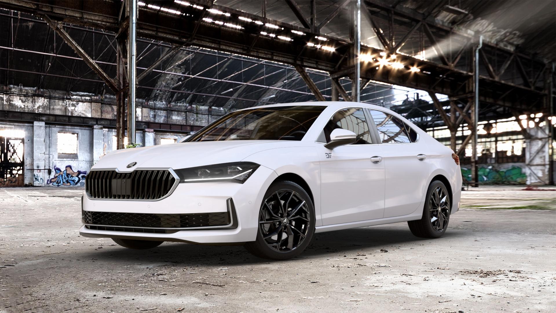ALUTEC ADX.02 diamant-schwarz Felge mit Reifen in 18Zoll Winterfelge Alufelge auf weissem Skoda Superb IV Typ NZ ⬇️ mit 15mm Tieferlegung ⬇️ Old Industrial Hall_max_5300mm_2024 Frontansicht_1
