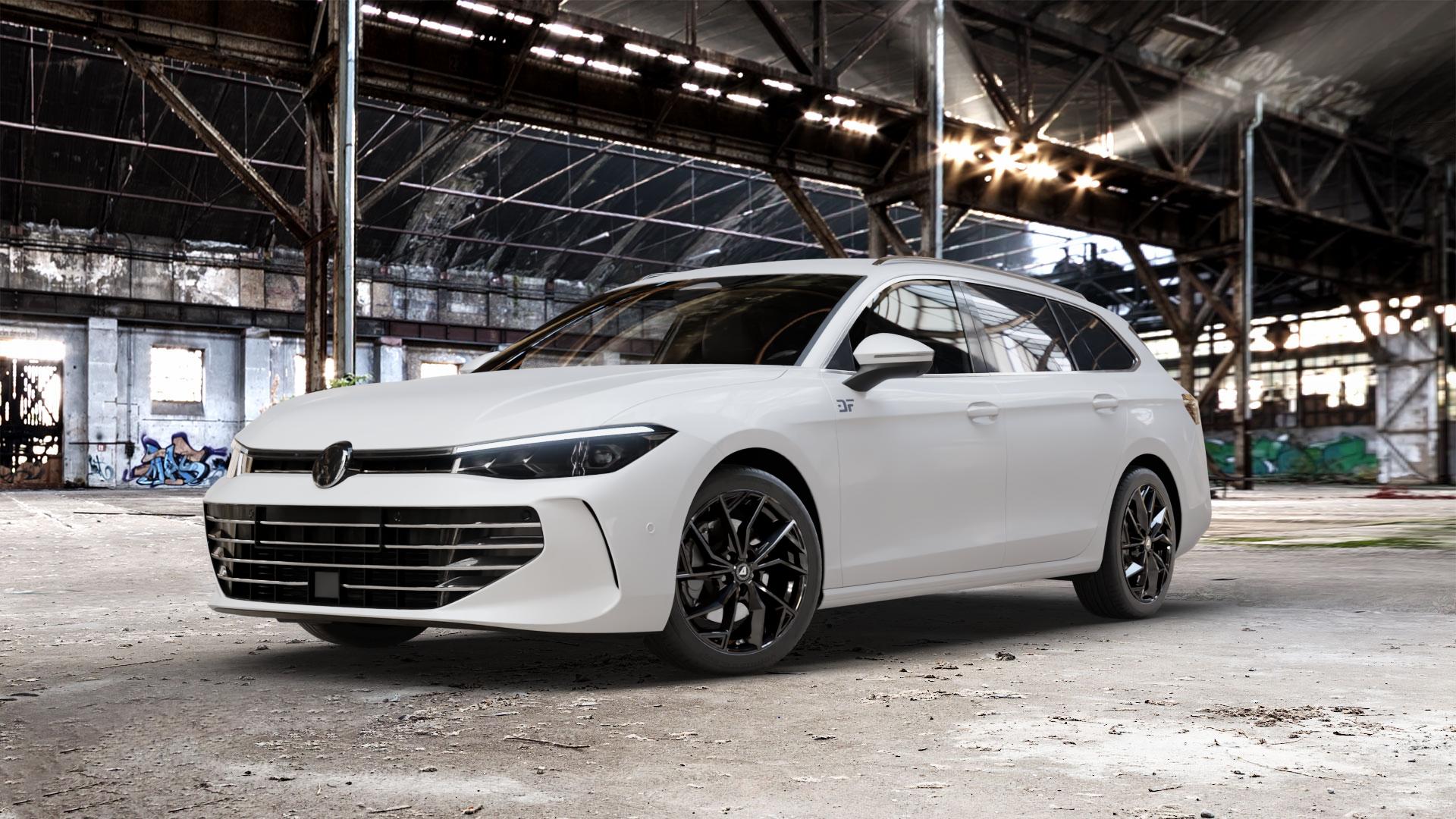 ALUTEC ADX.02 diamant-schwarz Felge mit Reifen in 18Zoll Winterfelge Alufelge auf weissem Volkswagen (VW) Passat CJ/B9 Variant ⬇️ mit 15mm Tieferlegung ⬇️ Old Industrial Hall_max_5300mm_2024 Frontansicht_1