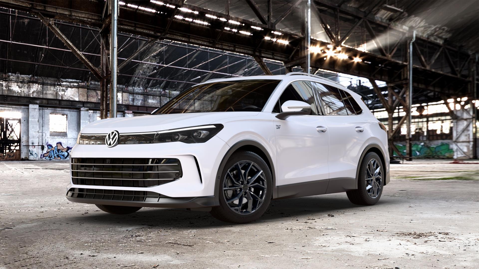 ALUTEC ADX.02 diamant-schwarz Felge mit Reifen in 18Zoll Winterfelge Alufelge auf weissem Volkswagen (VW) Tiguan III Typ CT ⬇️ mit 15mm Tieferlegung ⬇️ Old Industrial Hall_max_5300mm_2024 Frontansicht_1