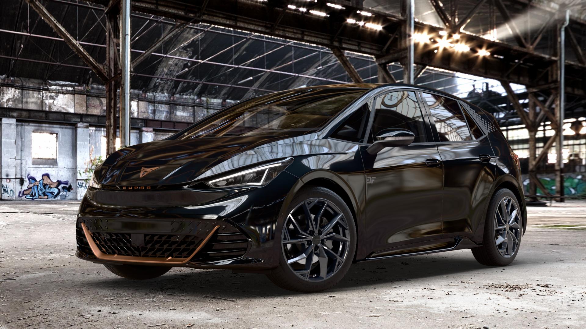 ALUTEC ADX.02 diamant-schwarz Felge mit Reifen in 19Zoll Winterfelge Alufelge auf metallic schwarzem Cupra Born Typ K1 ⬇️ mit 15mm Tieferlegung ⬇️ Old Industrial Hall_max_4400mm_2024 Frontansicht_1