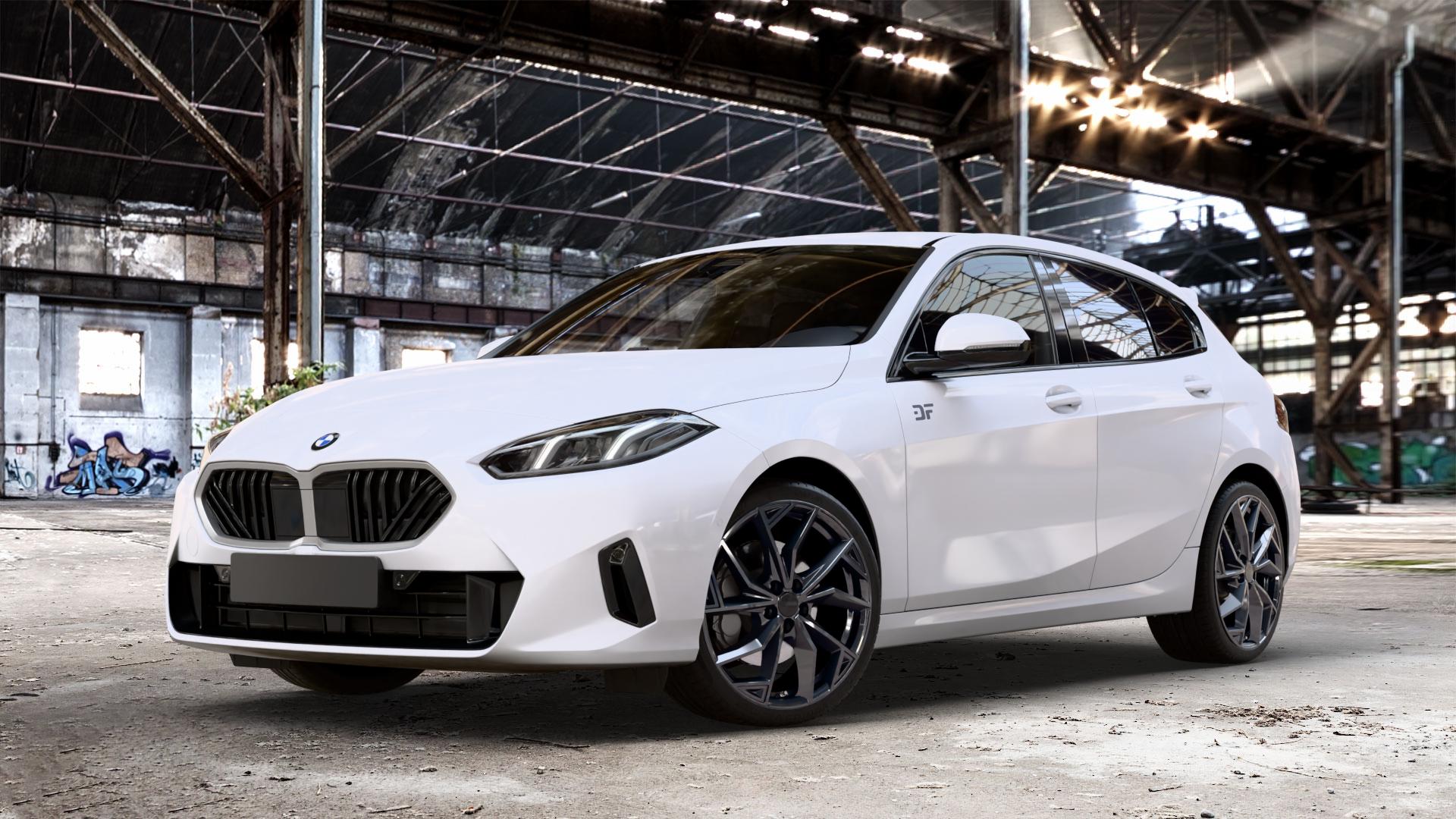 ALUTEC ADX.02 diamant-schwarz Felge mit Reifen in 19Zoll Winterfelge Alufelge auf weissem BMW 118d Typ F70 120 1er Fünftürer (F7) ⬇️ mit 15mm Tieferlegung ⬇️ Old Industrial Hall_max_4400mm_2024 Frontansicht_1