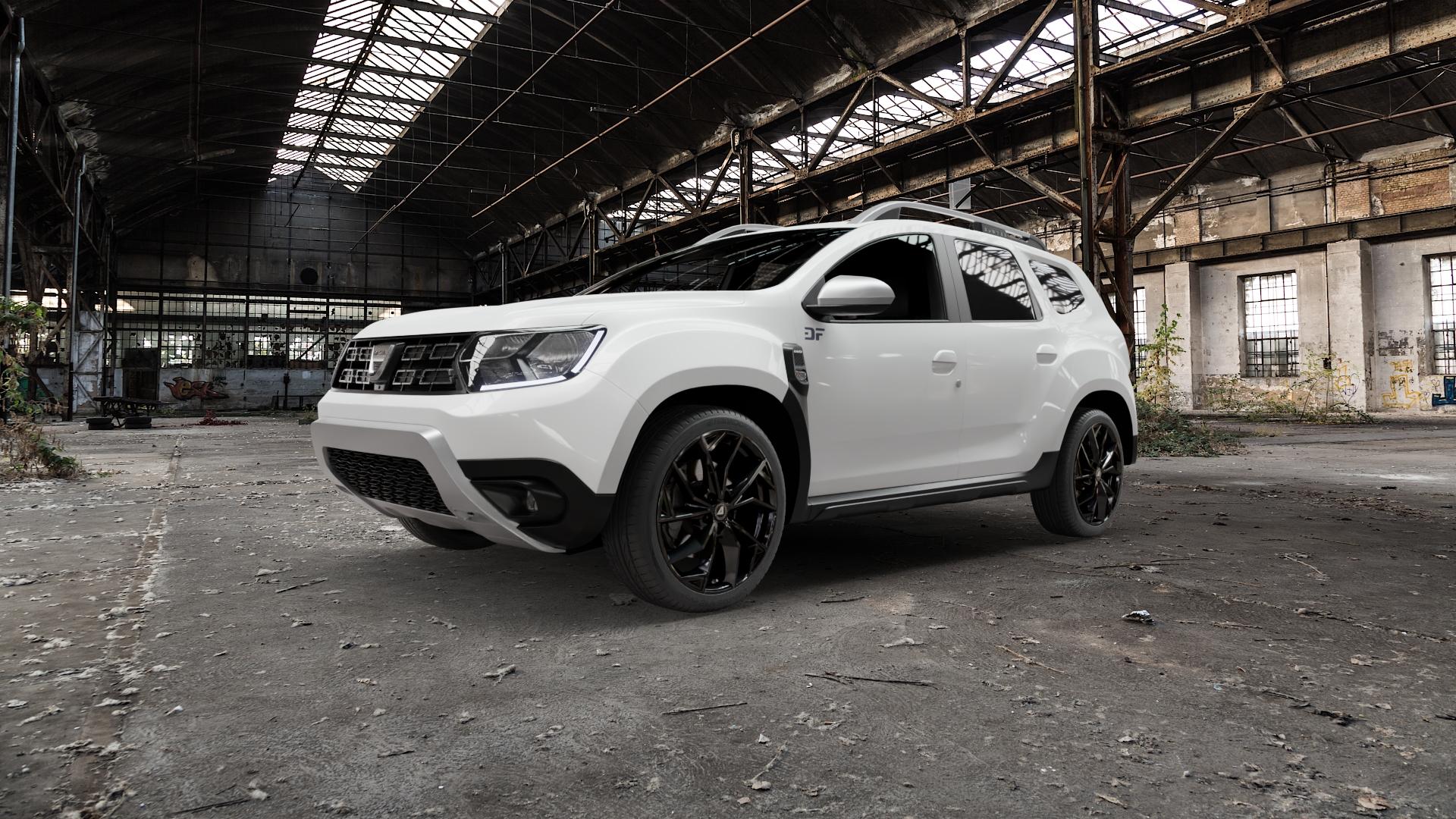 ALUTEC ADX.02 diamant-schwarz Felge mit Reifen in 19Zoll Winterfelge Alufelge auf weissem Dacia Duster Typ SR ⬇️ mit 15mm Tieferlegung ⬇️ Old Industrial Hall_max5000mm_2022 Frontansicht_1