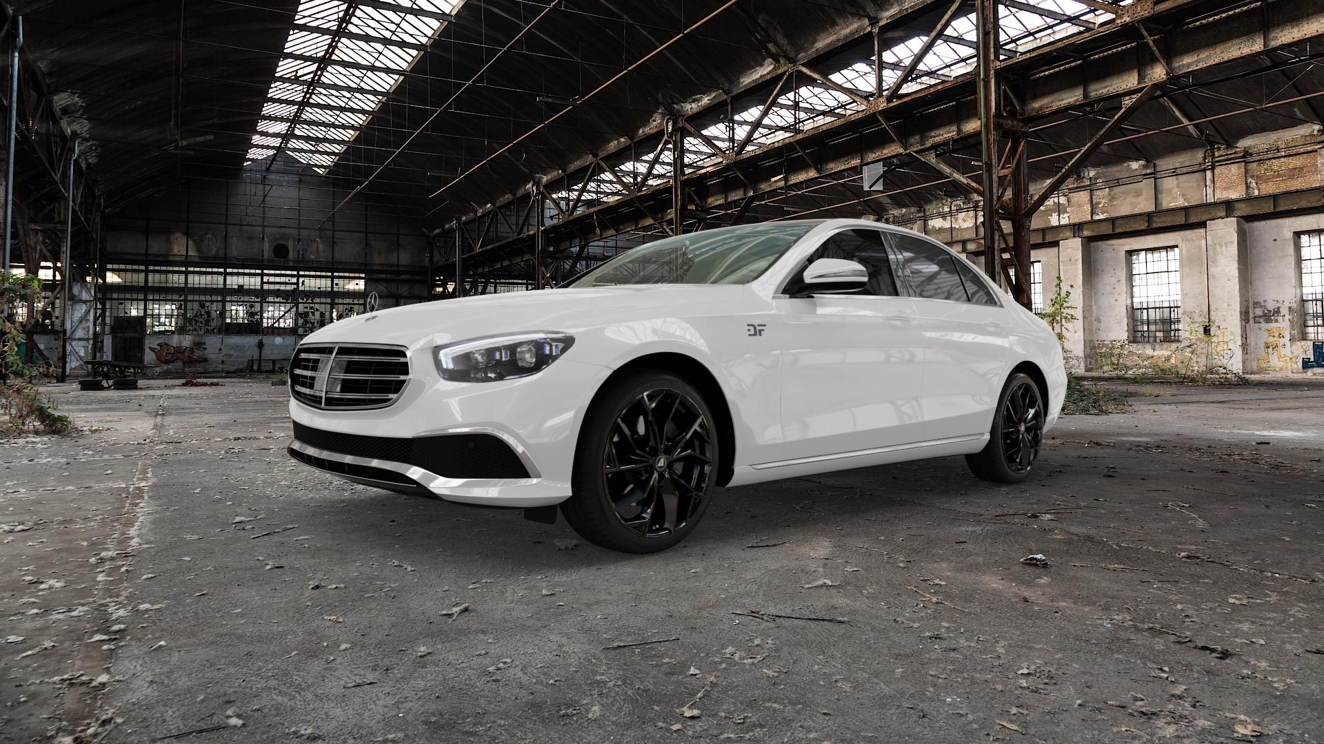 ALUTEC ADX.02 diamant-schwarz Felge mit Reifen in 19Zoll Winterfelge Alufelge auf weissem Mercedes E-Klasse Typ W213 Limousine Facelift ⬇️ mit 15mm Tieferlegung ⬇️ Old Industrial Hall_max5000mm_2022 Frontansicht_1