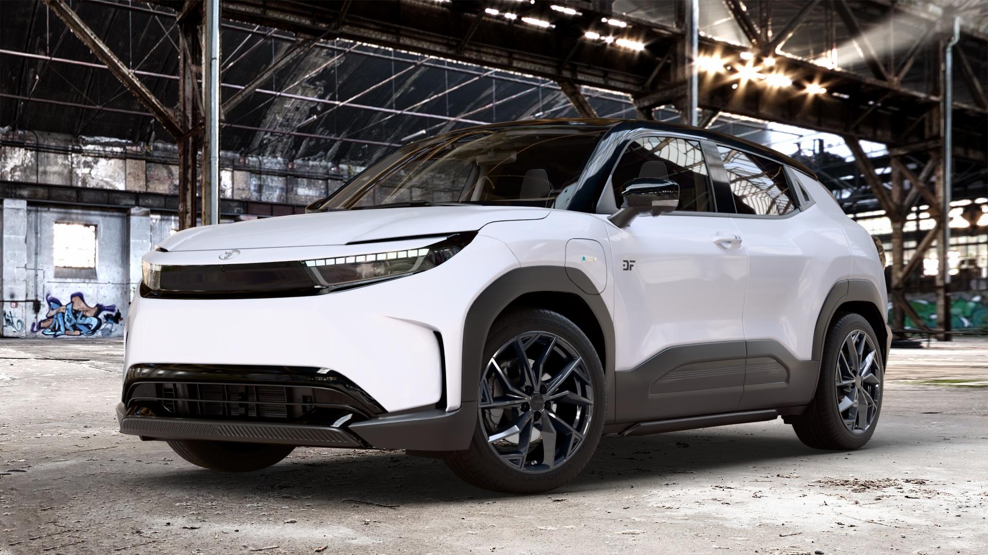 ALUTEC ADX.02 diamant-schwarz Felge mit Reifen in 19Zoll Winterfelge Alufelge auf weissen Toyota Urban Cruiser Typ BP ⬇️ mit 15mm Tieferlegung ⬇️ Old Industrial Hall_max_4400mm_2024 Frontansicht_1