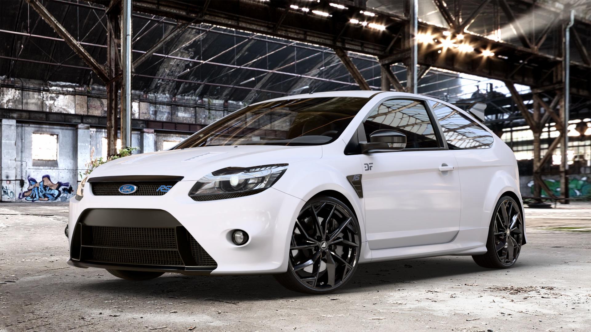 ALUTEC ADX.02 diamant-schwarz Felge mit Reifen in 20Zoll Winterfelge Alufelge auf weissem Ford Focus II Typ DA3 (Schrägheck) 2,5l RS 224kW (305 PS) RS500 257kW (349 ⬇️ mit 15mm Tieferlegung ⬇️ Old Industrial Hall_max_4400mm_2024 Frontansicht_1