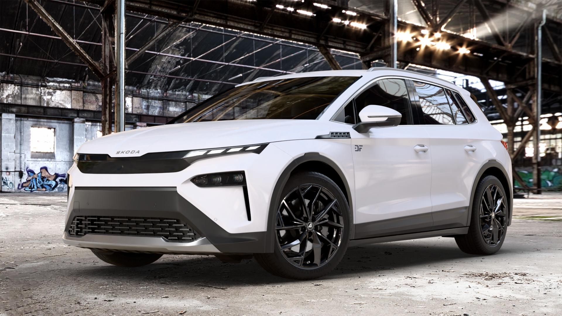 ALUTEC ADX.02 diamant-schwarz Felge mit Reifen in 20Zoll Winterfelge Alufelge auf weissem Skoda Elroq Typ NY 0,0l 89kW 85 (121 PS) 70kW 60 (95 50 ⬇️ mit 15mm Tieferlegung ⬇️ Old Industrial Hall_max_4400mm_2024 Frontansicht_1